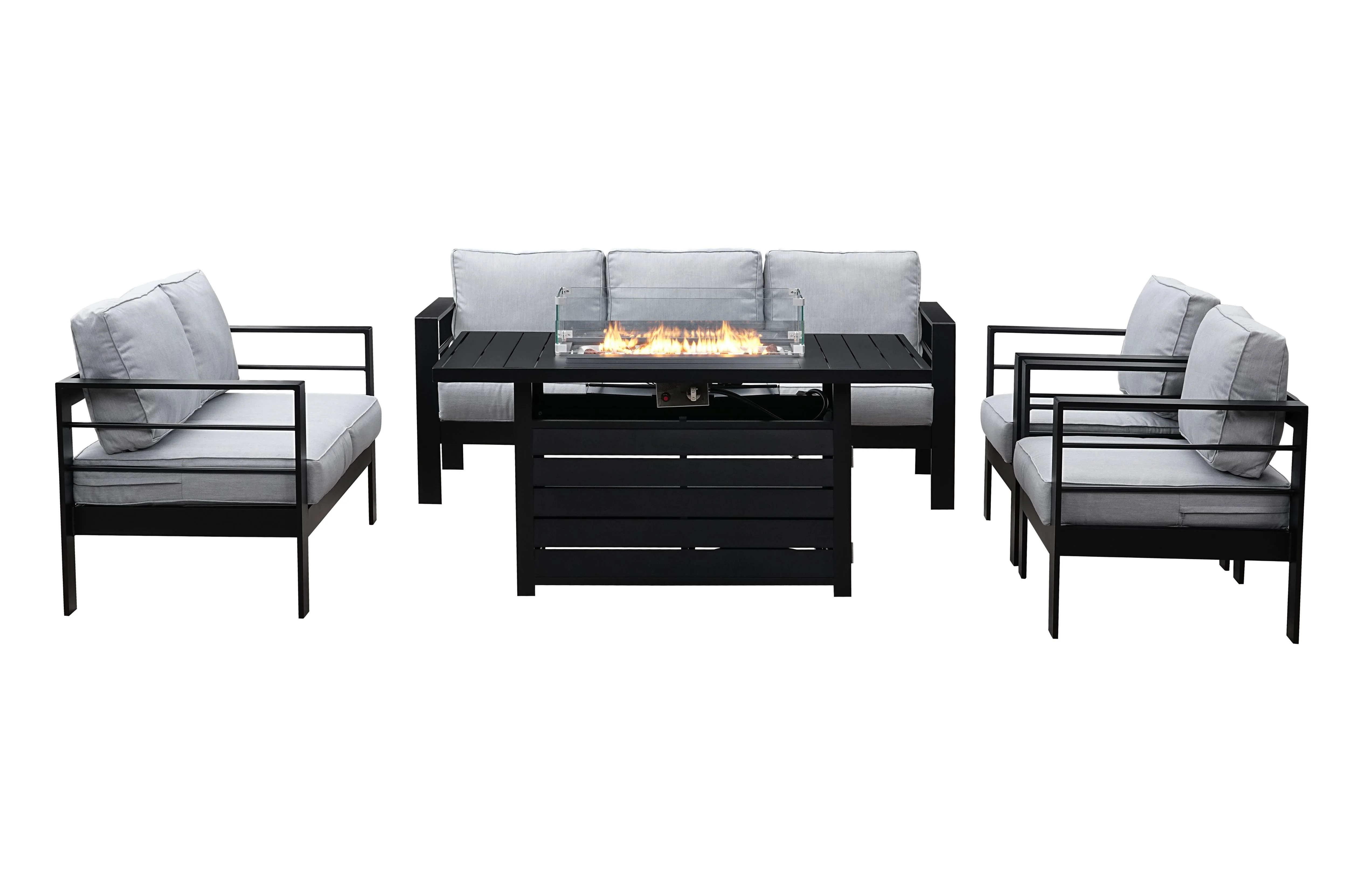 Modern 7-Seater Aluminium Fire Pit Lounge Set (3 Seater, 2 Seater, 2 Chairs) Black & Grey - Image 3