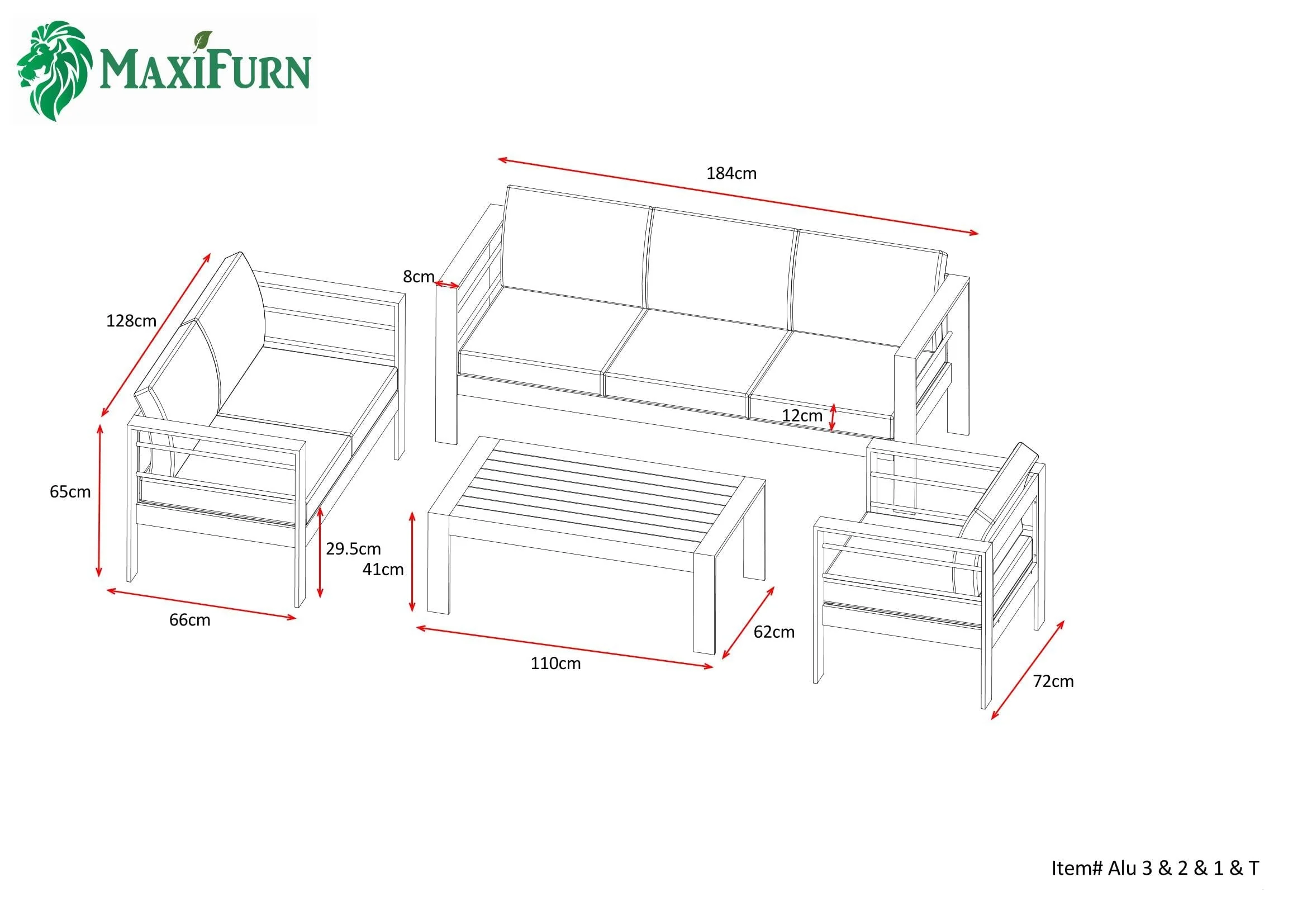Aluminium 4-Piece Garden Furniture Set – 6 Seater Lounge (3+2+1) – Grey - Image 12