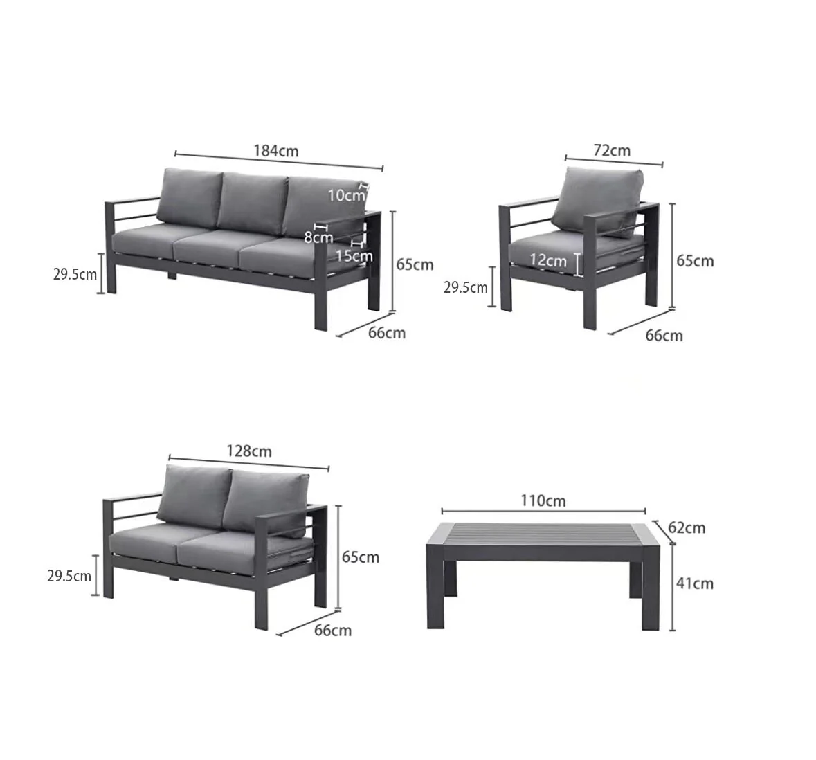 Aluminium 4-Piece Garden Furniture Set – 6 Seater Lounge (3+2+1) – Grey - Image 6