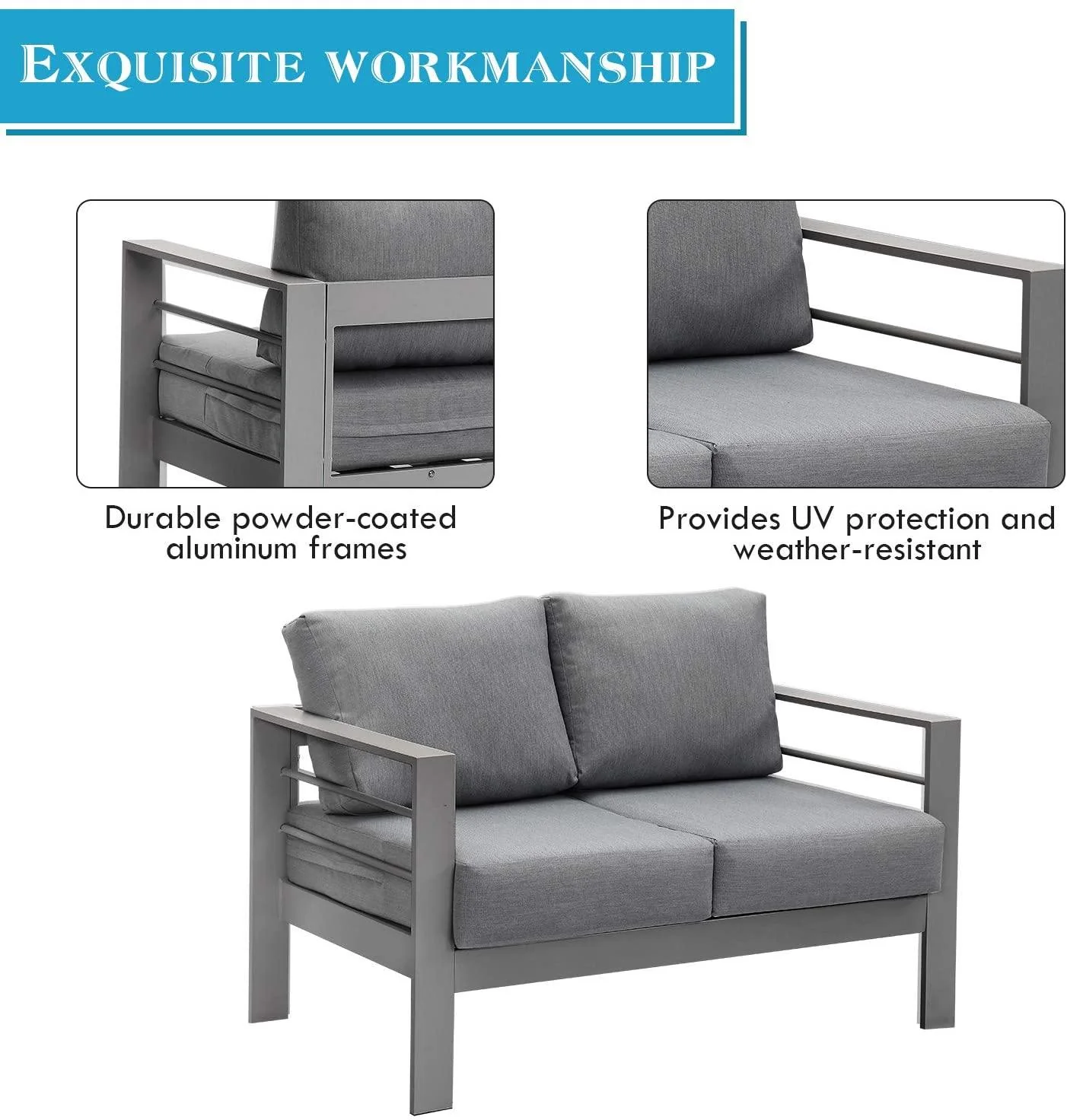Aluminium 4-Piece Garden Furniture Set – 6 Seater Lounge (3+2+1) – Grey - Image 8