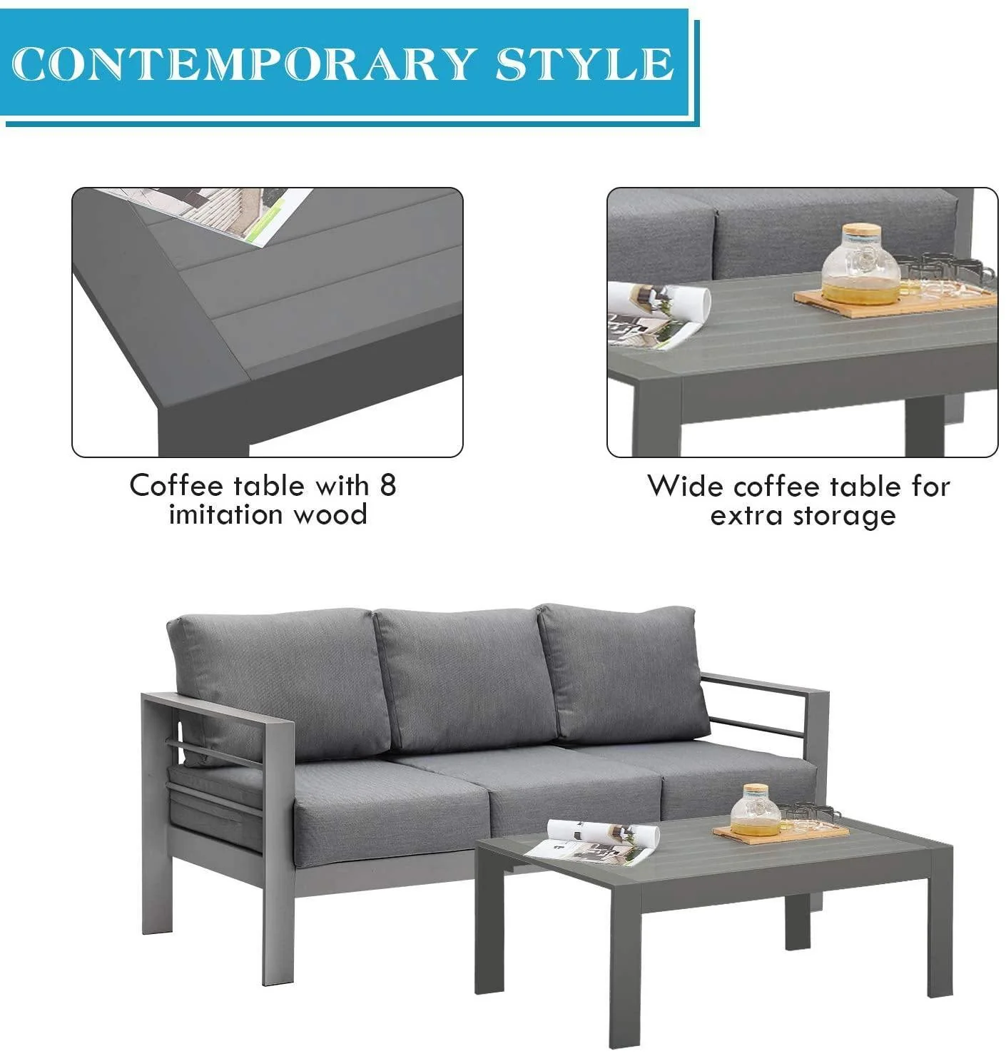 Aluminium 4-Piece Garden Furniture Set – 6 Seater Lounge (3+2+1) – Grey - Image 9