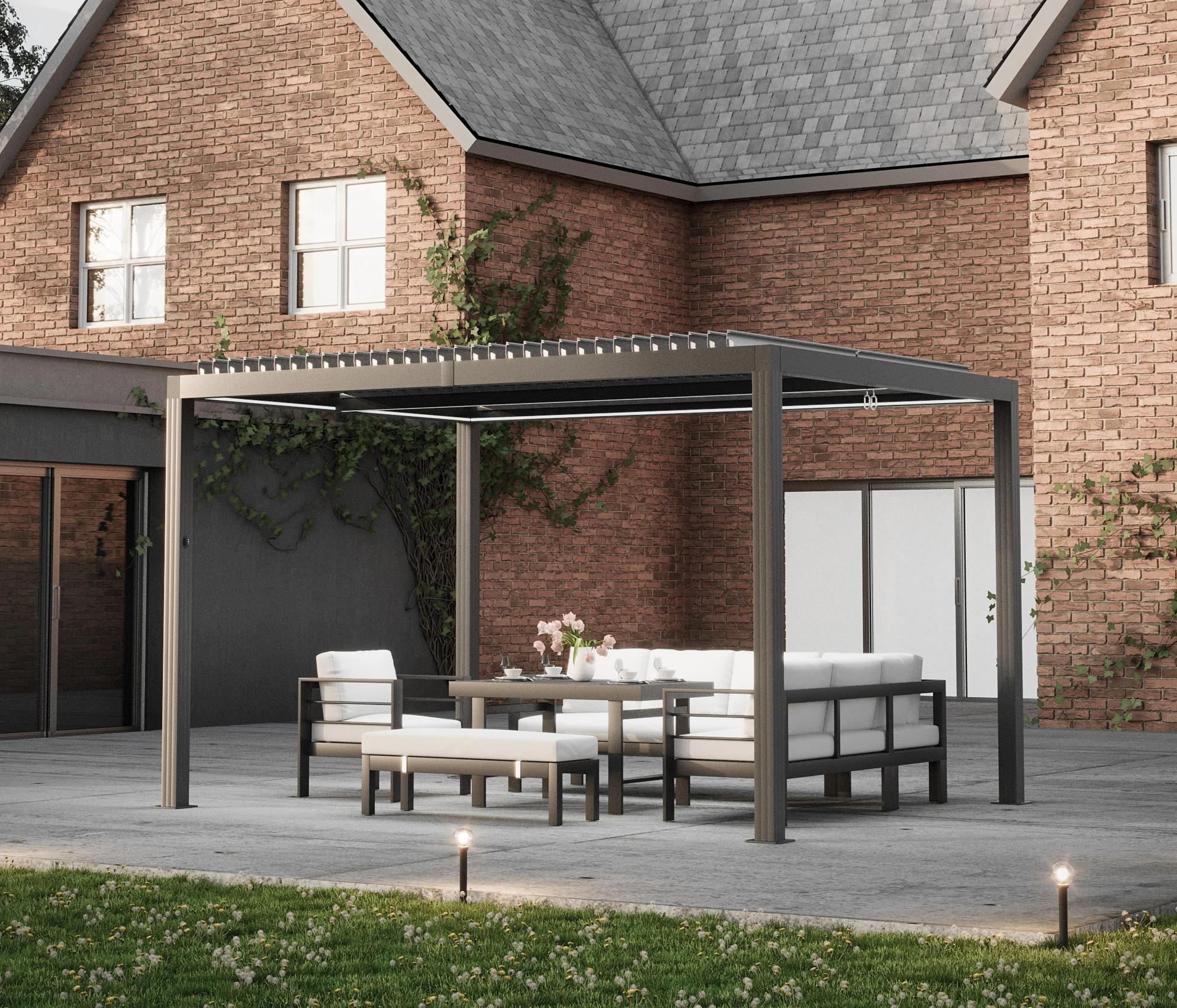 SplitZone™ 3×4m Grey Aluminium Pergola with LEDs, Mid-Beam Louvred Roof - Image 9