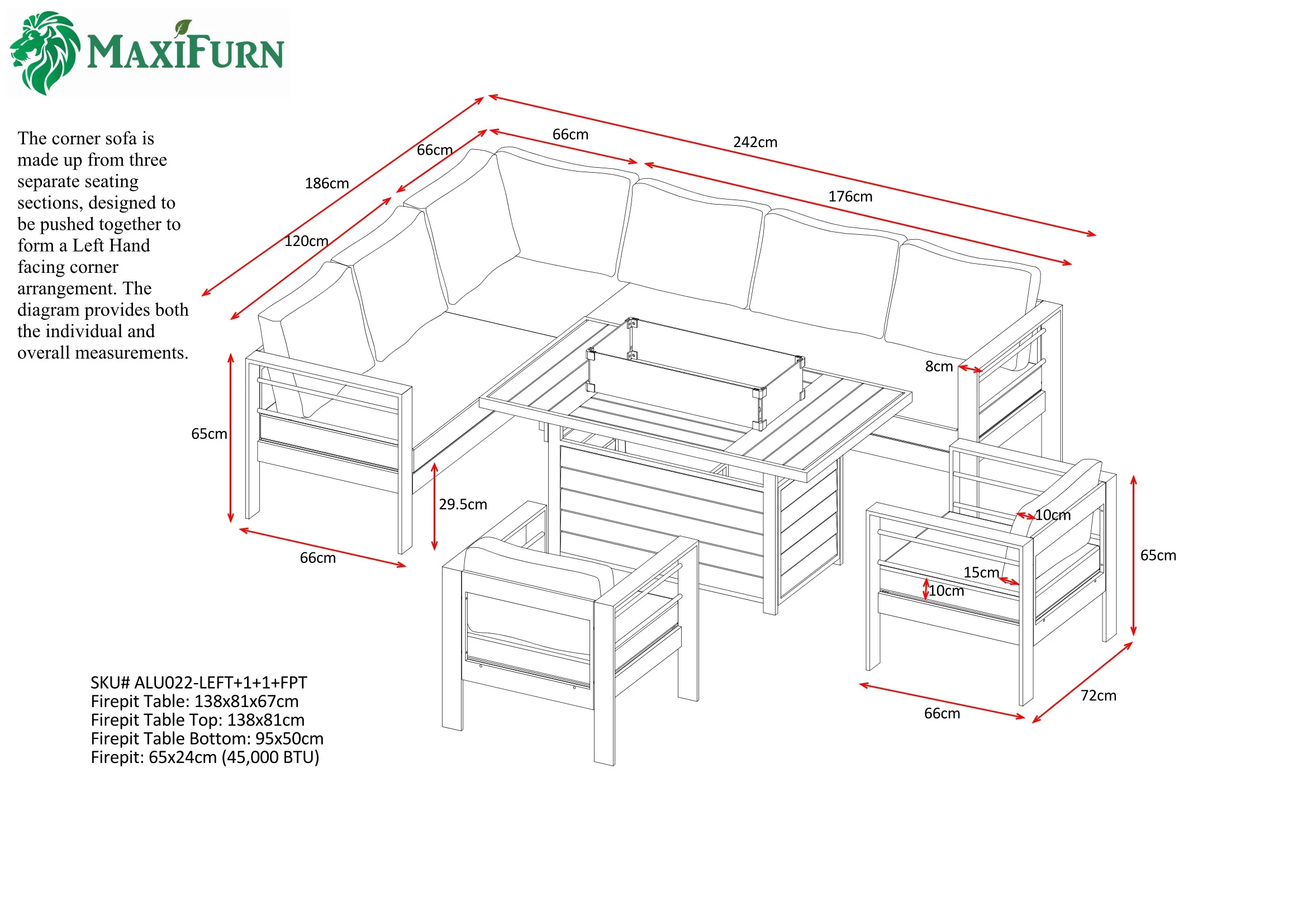 Aluminium Left Hand Corner Garden Sofa Set with Fire Pit Table & Armchairs – Black & Grey - Image 14
