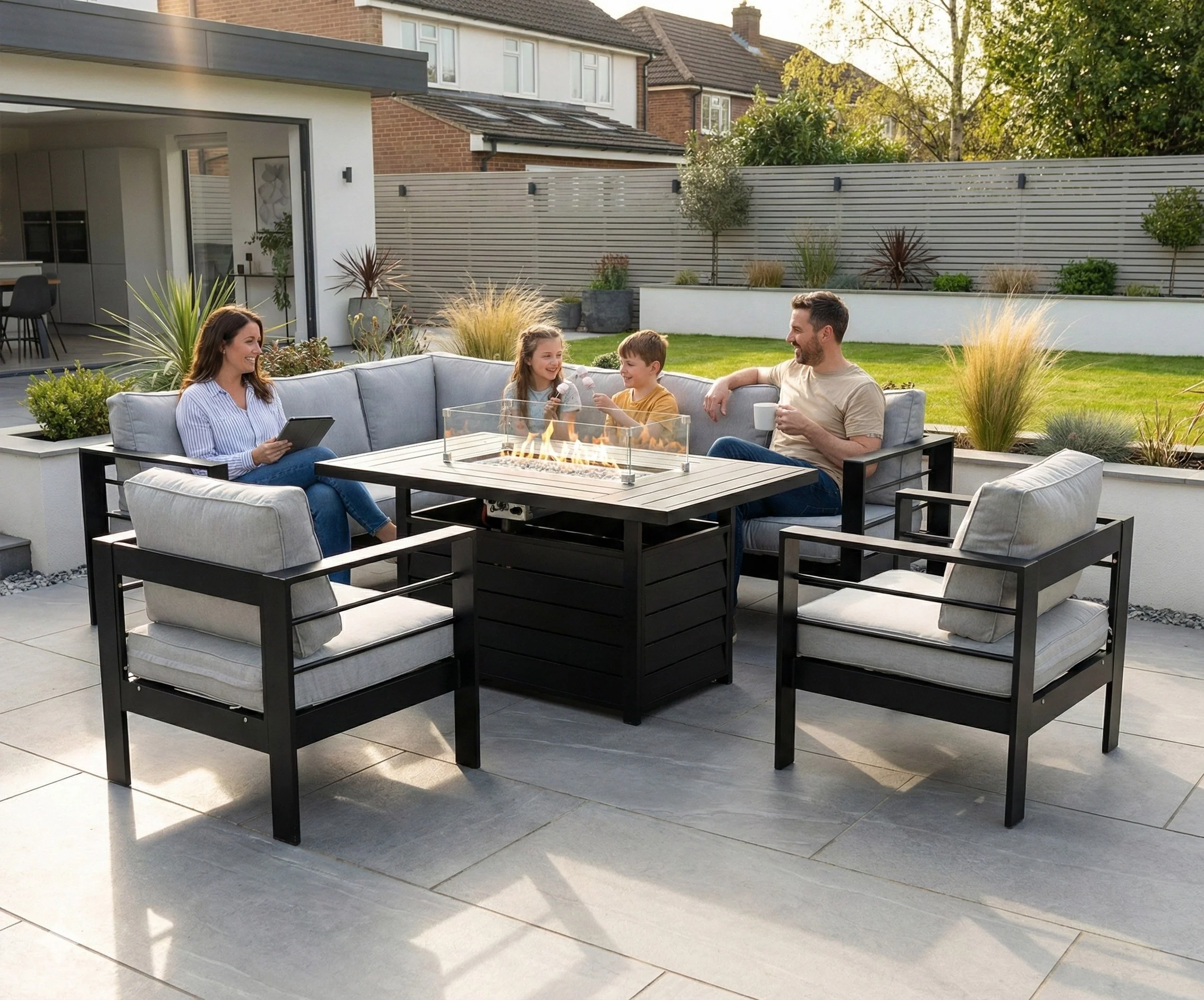 Aluminium Left Hand Corner Garden Sofa Set with Fire Pit Table & Armchairs – Black & Grey - Image 2
