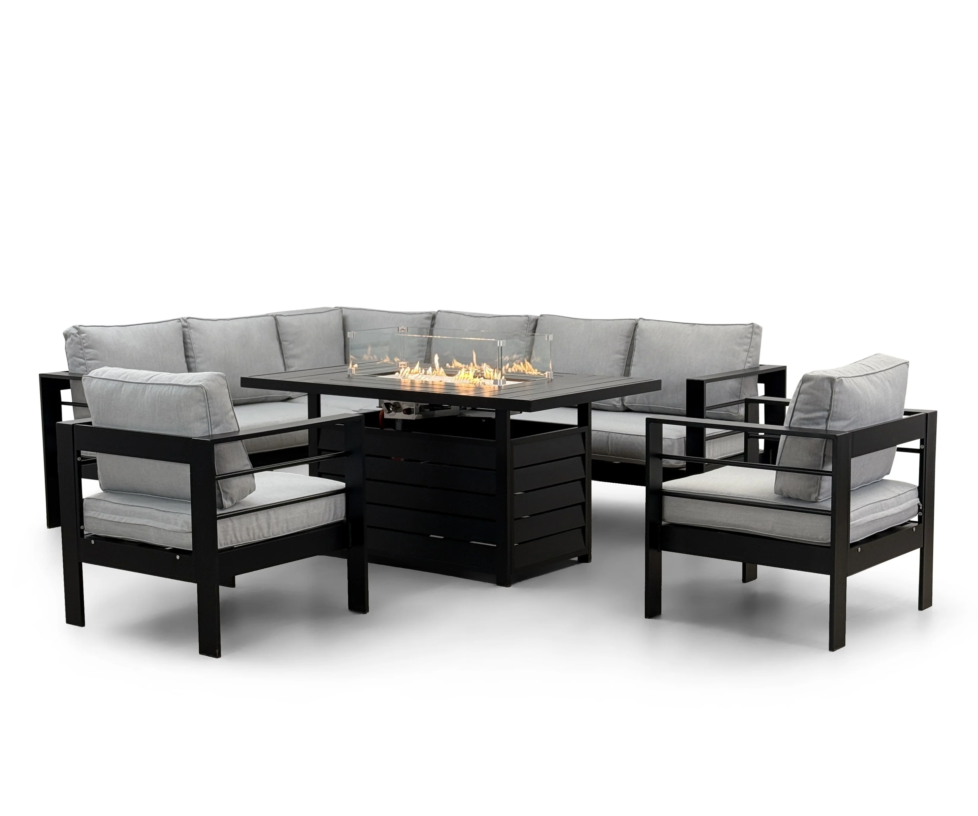 Aluminium Left Hand Corner Garden Sofa Set with Fire Pit Table & Armchairs – Black & Grey - Image 4