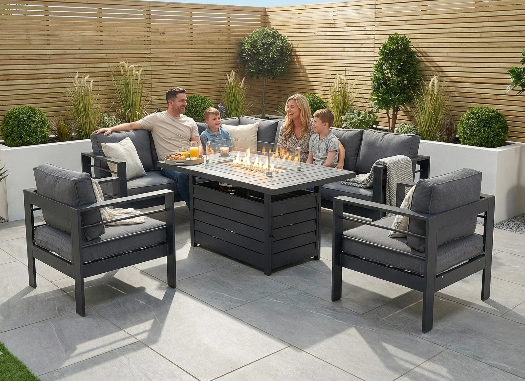 Aluminium Left Hand Corner Garden Sofa Set with Fire Pit Table & Armchairs – Grey - Image 2