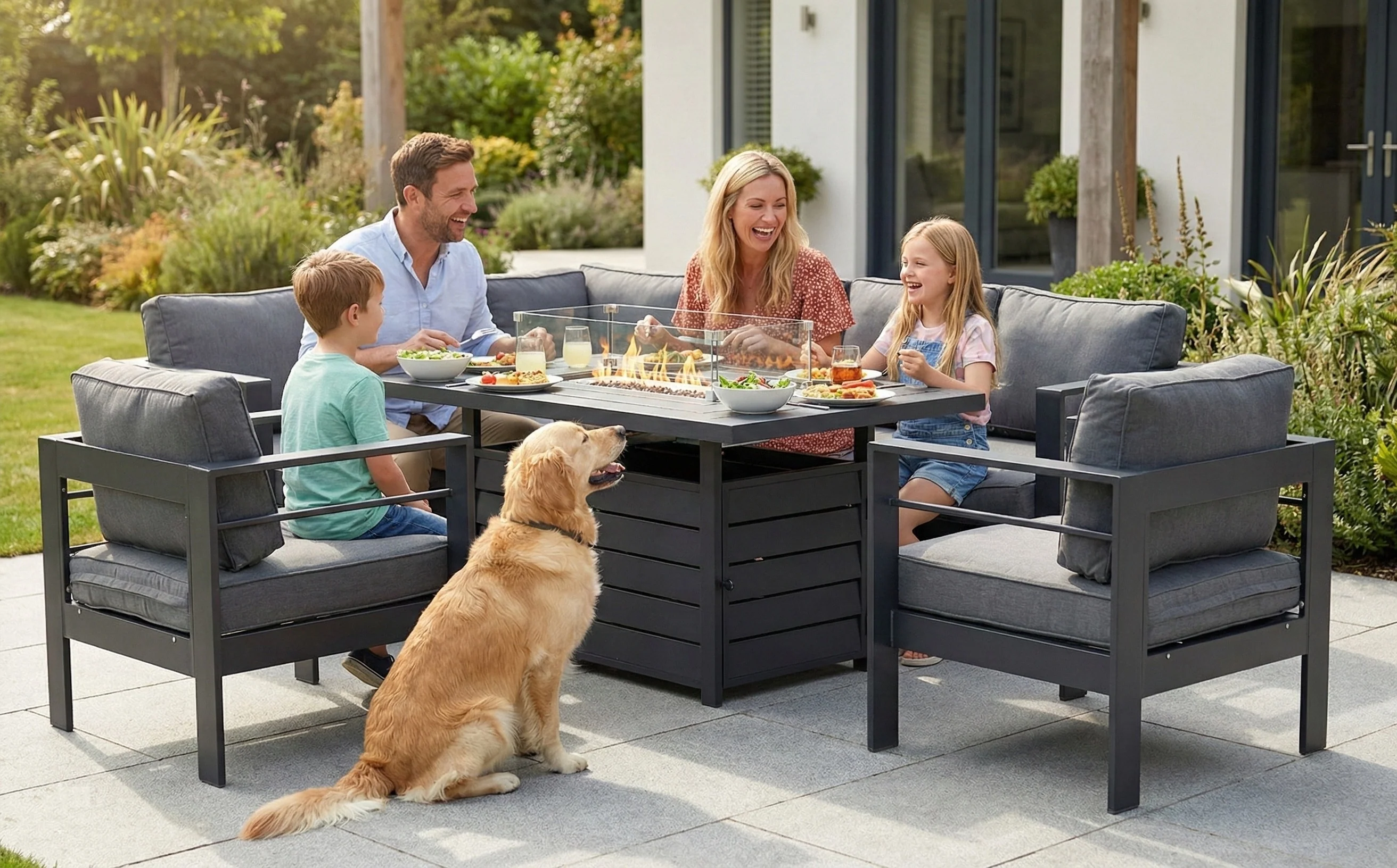 Aluminium Left Hand Corner Garden Sofa Set with Fire Pit Table & Armchairs – Grey - Image 3