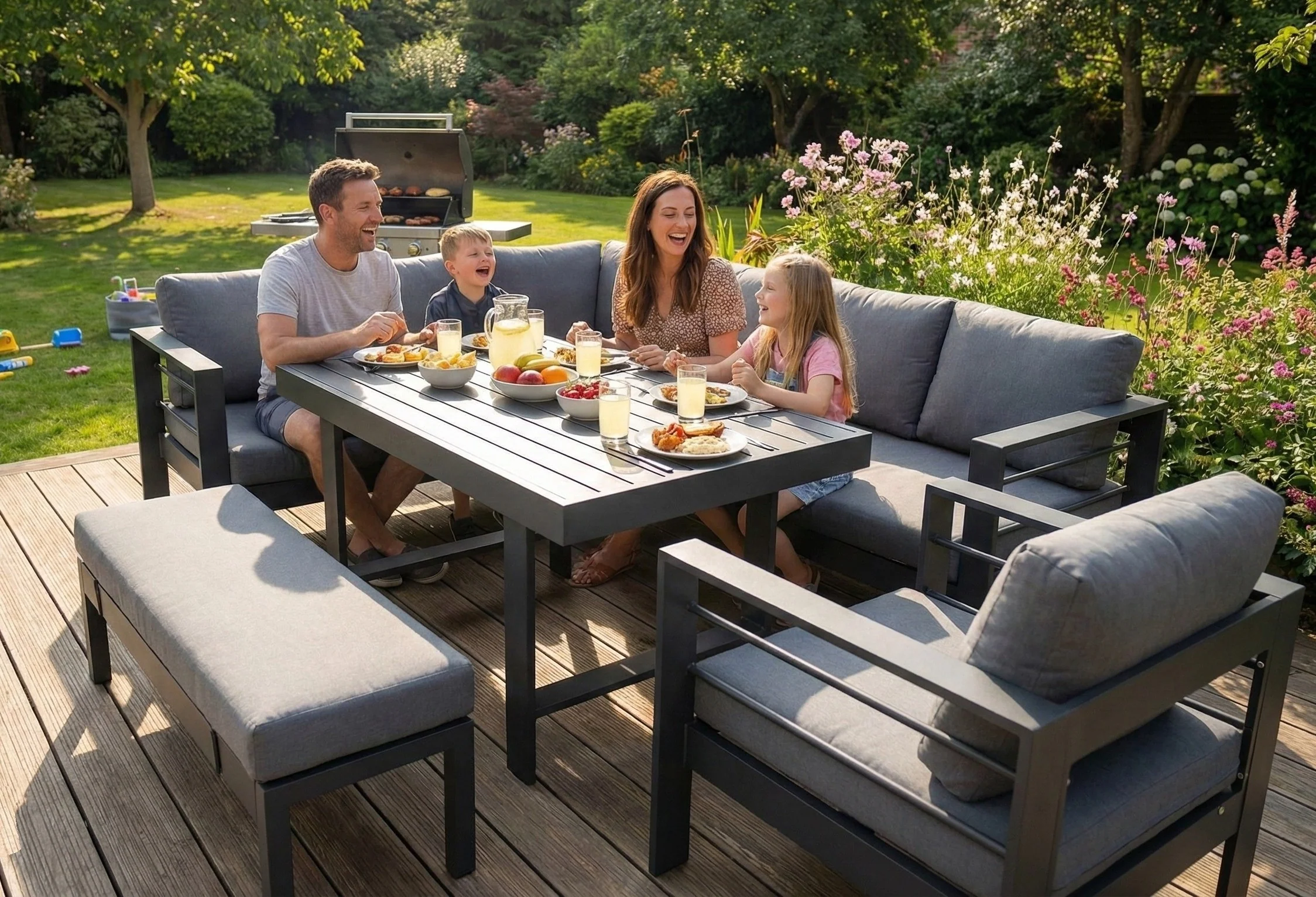 Aluminium Left Hand Corner Garden Sofa & Dining Set with Bench – Dark Grey - Image 3