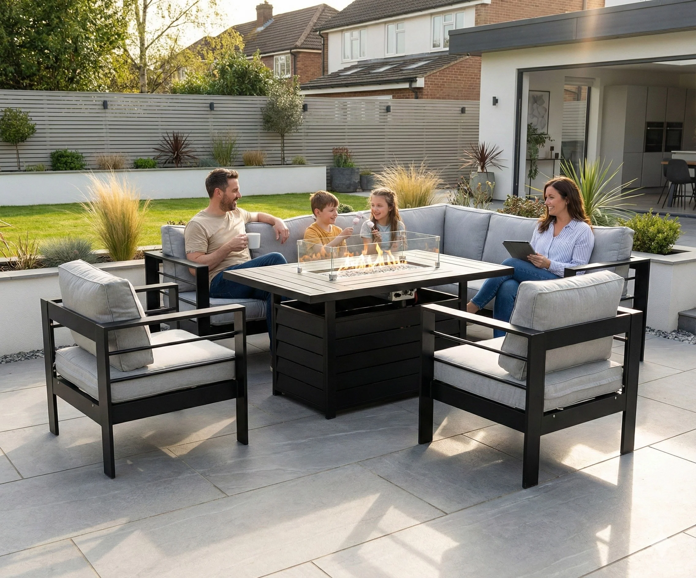Aluminium Right Hand Corner Garden Sofa Set with Fire Pit Table & Armchairs ā Black & Grey - Image 2