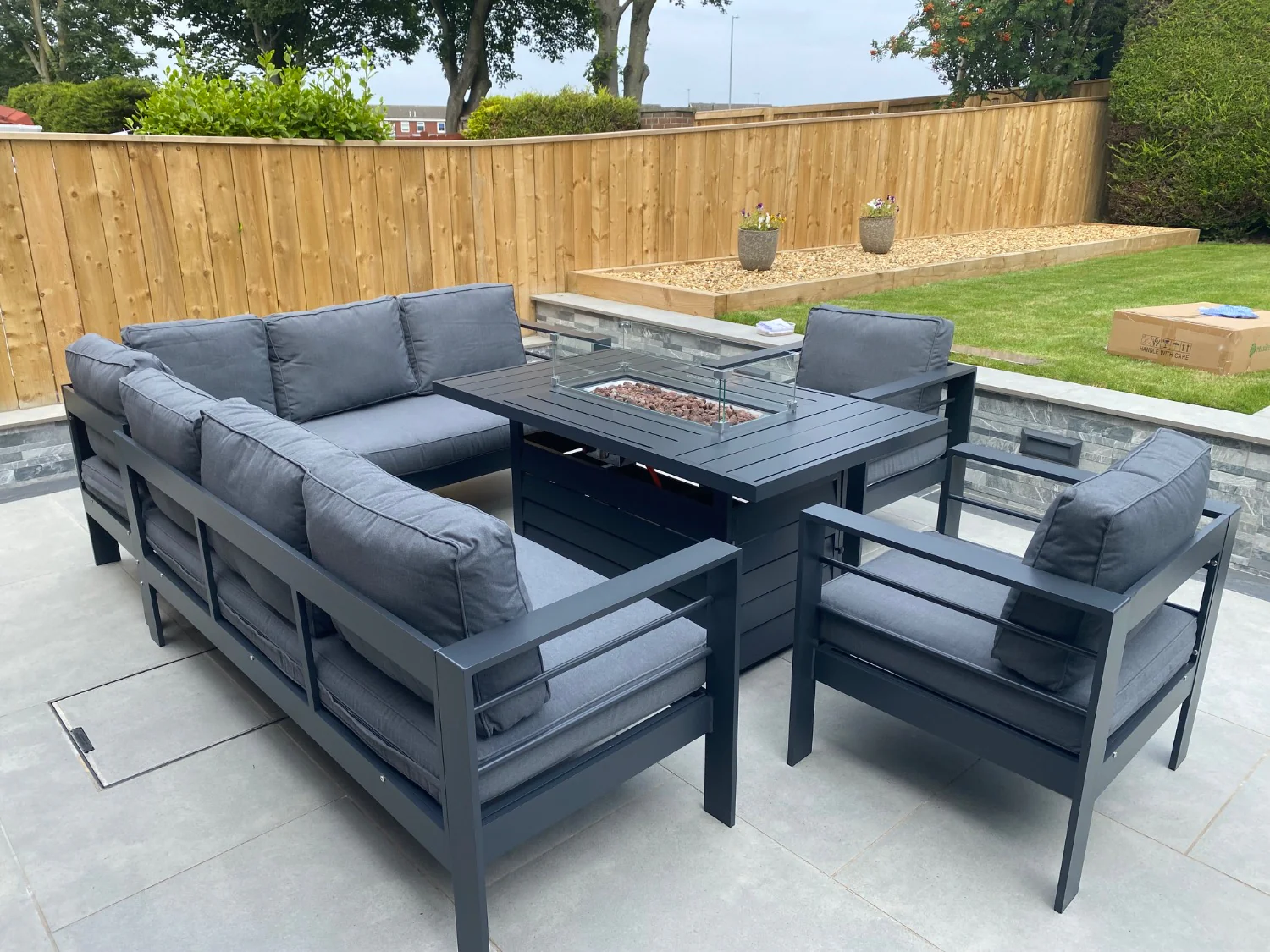 Aluminium Right Hand Corner Garden Sofa Set with Fire Pit Table & Armchairs – Grey - Image 4