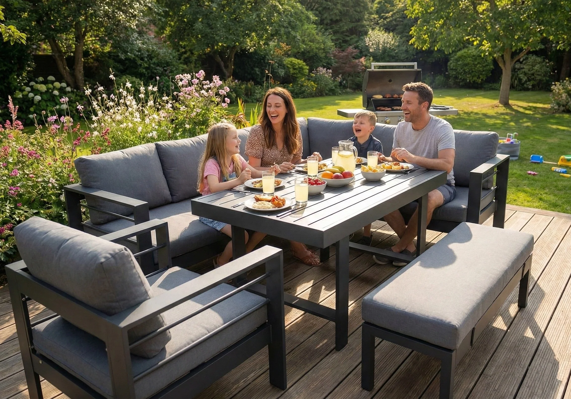 Aluminium Right Hand Corner Garden Sofa & Dining Set with Bench – Dark Grey - Image 3