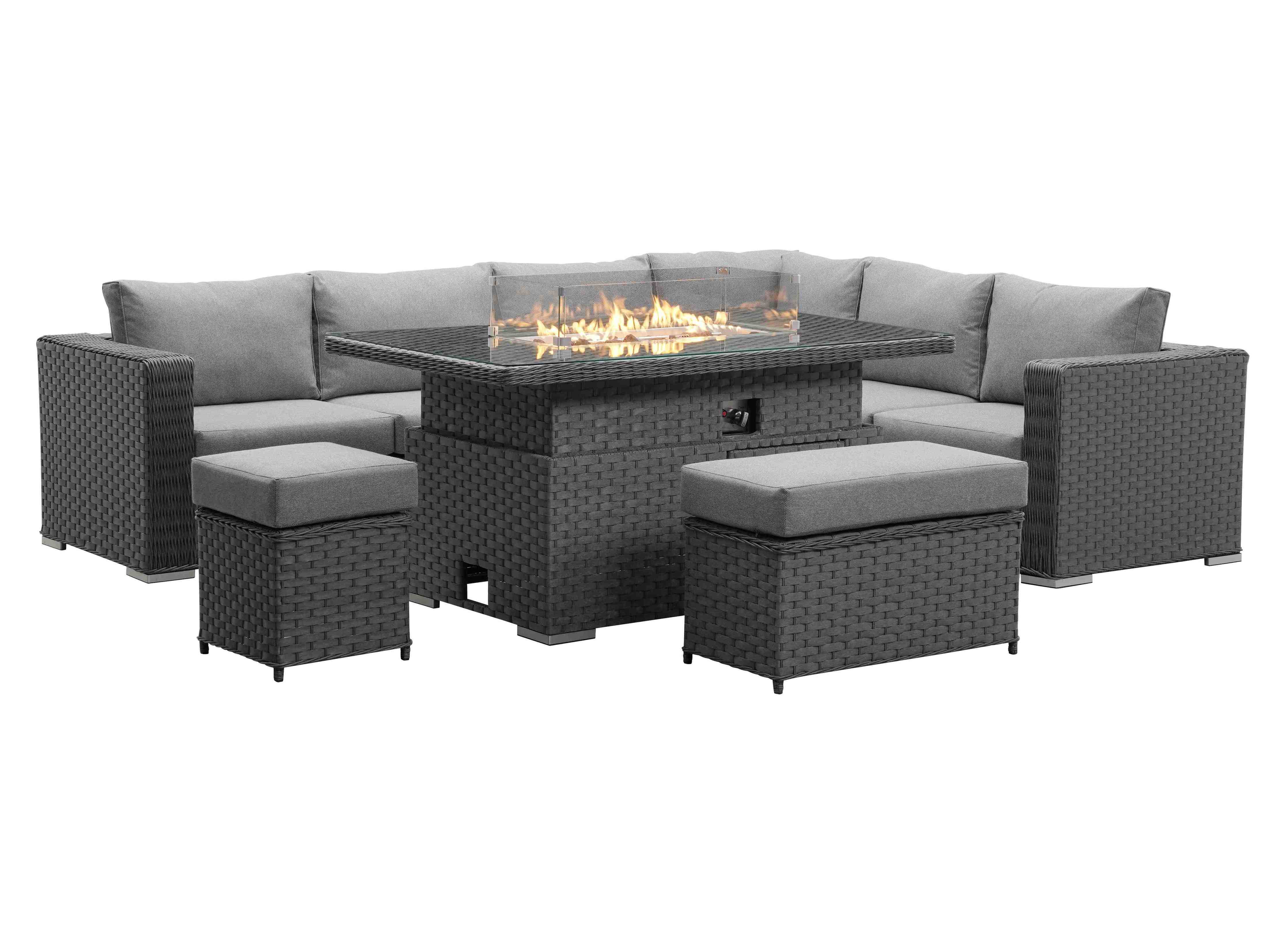 Apollo Luxury Rattan Right Hand Corner Sofa Stool Bench and Rising Fire Pit Table - Grey - Image 3