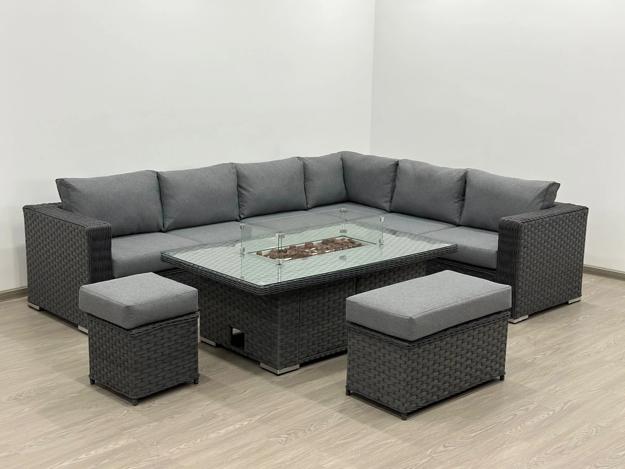 Apollo Luxury Rattan Right Hand Corner Sofa Stool Bench and Rising Fire Pit Table - Grey - Image 4
