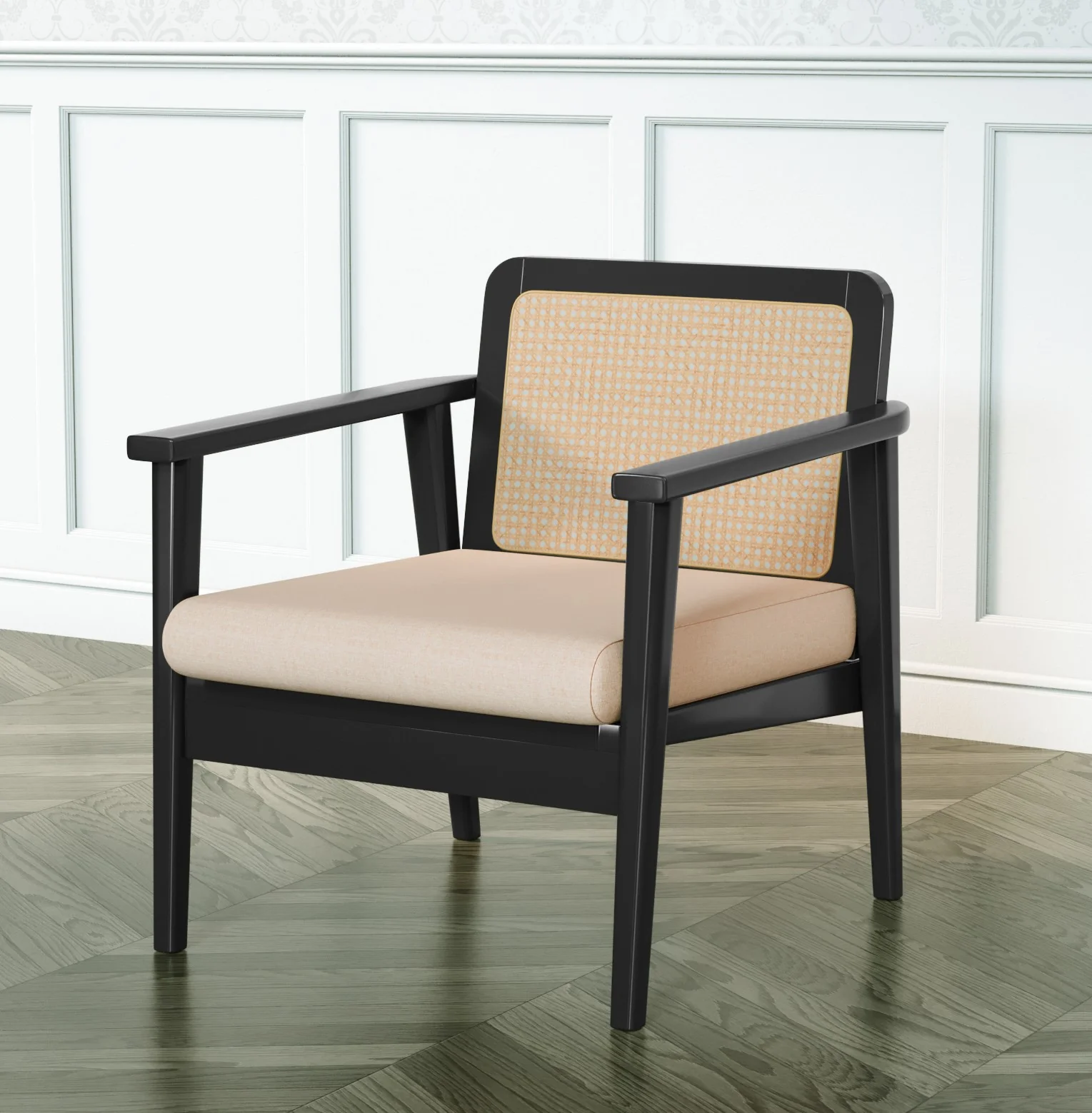 Mid-Century Rattan Chair - Black Solid Mango Wood & Linen Fabric - Image 3