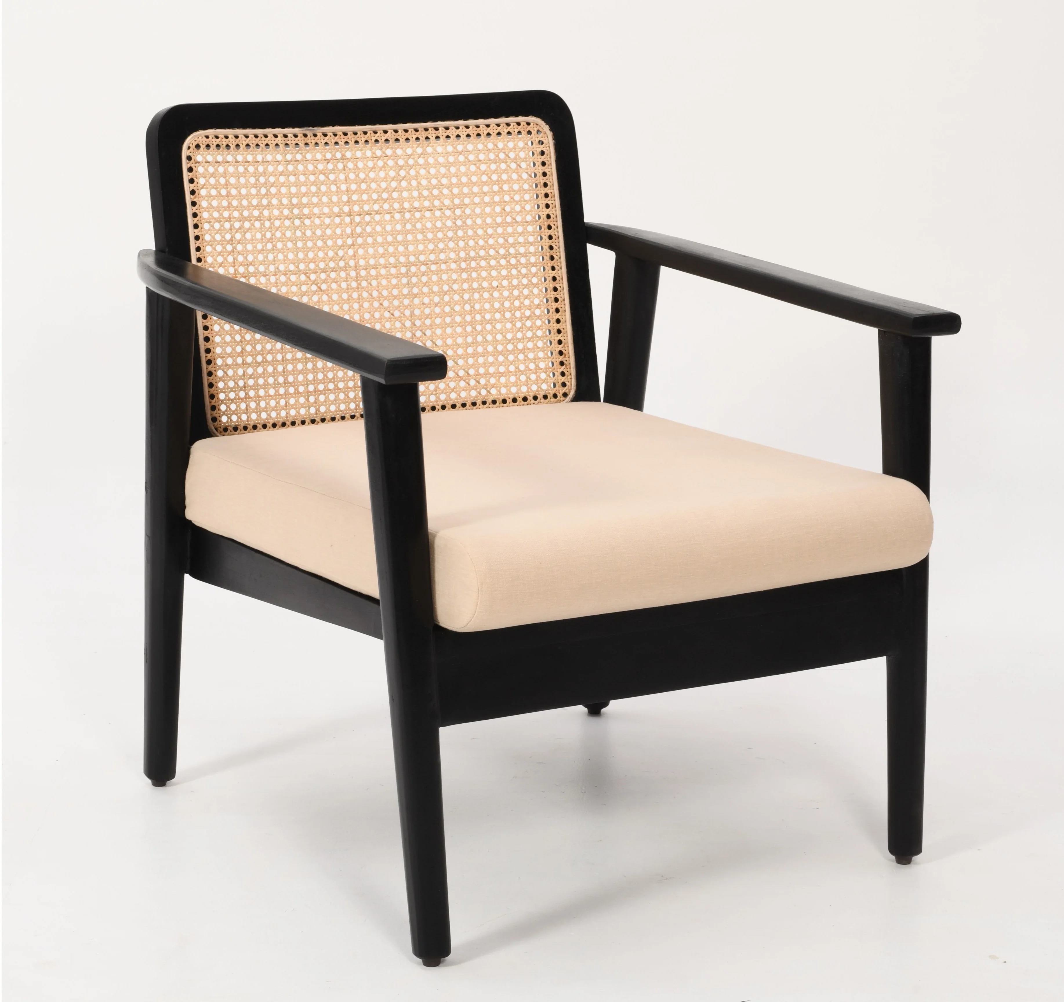 Mid-Century Rattan Chair - Black Solid Mango Wood & Linen Fabric - Image 4