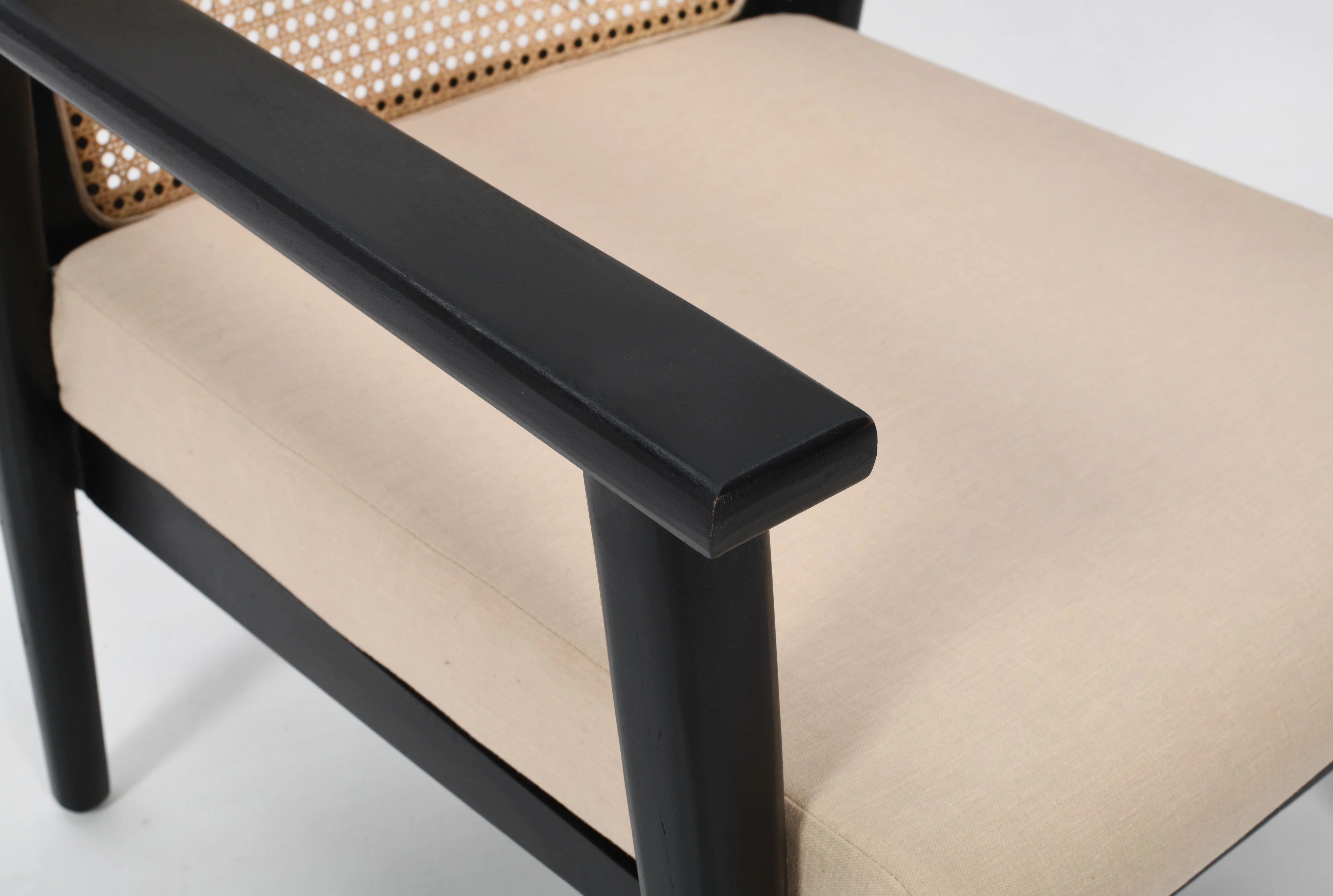 Mid-Century Rattan Chair - Black Solid Mango Wood & Linen Fabric - Image 6