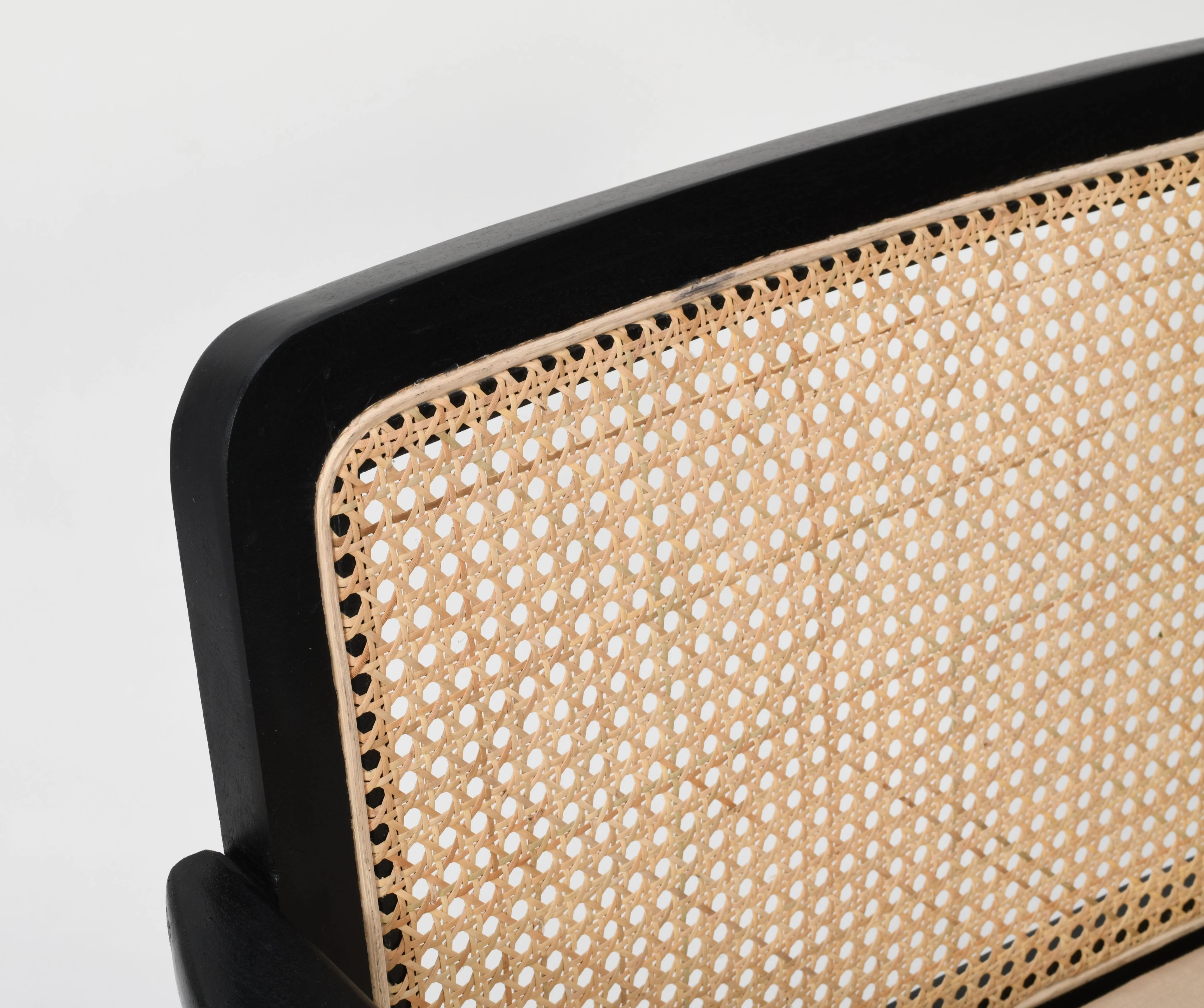Mid-Century Rattan Chair - Black Solid Mango Wood & Linen Fabric - Image 7