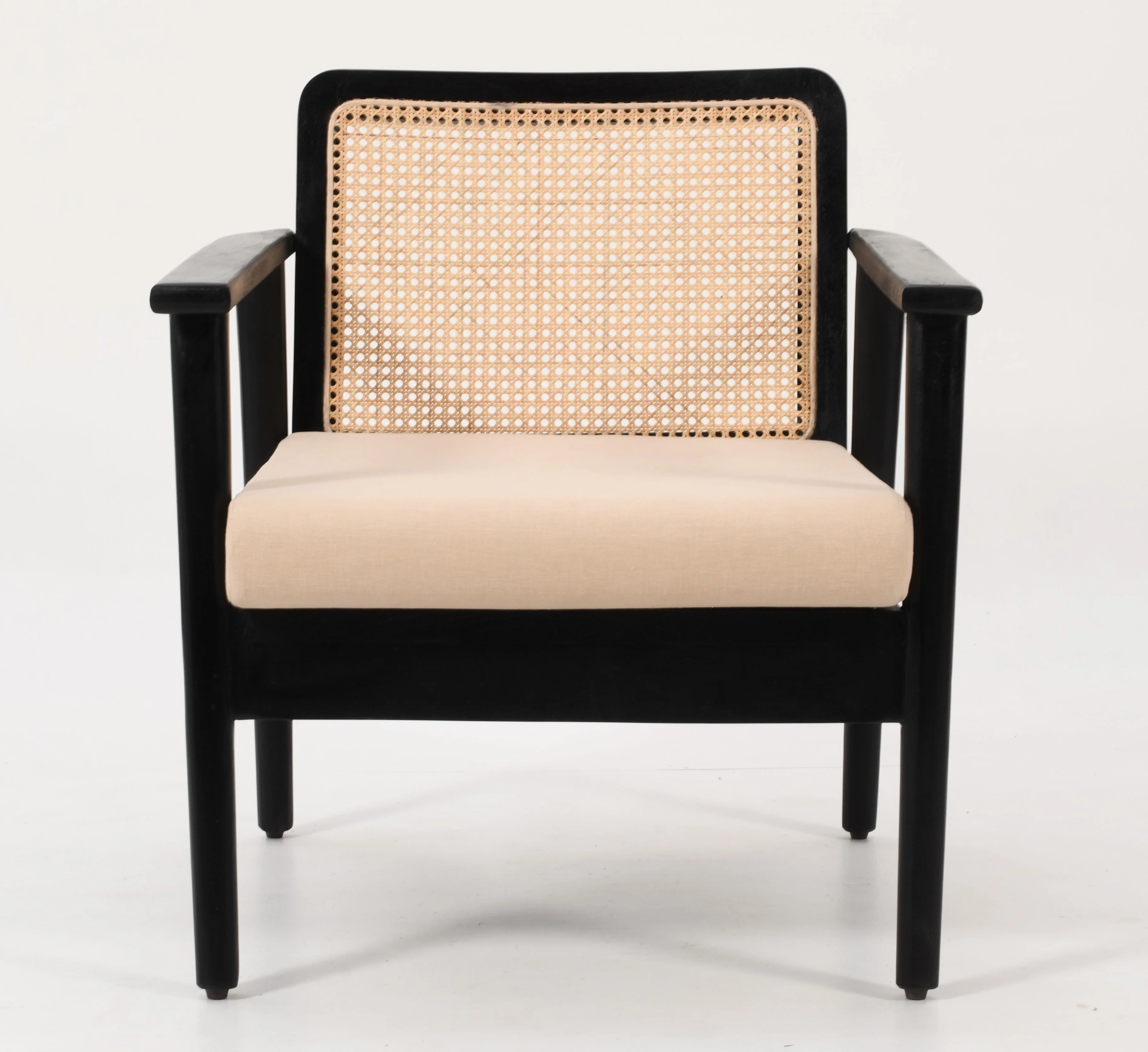 Mid-Century Rattan Chair - Black Solid Mango Wood & Linen Fabric - Image 8