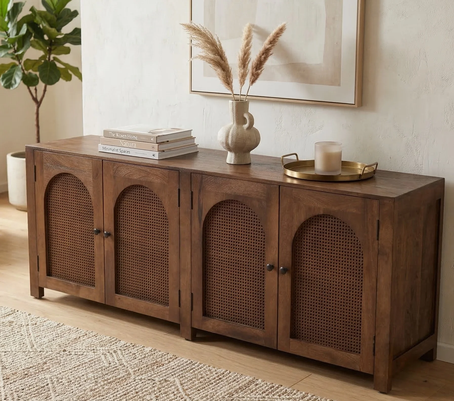 Dark Mango Wood & Rattan 4-Door Sideboard â Arched Design (200cm) - Image 2