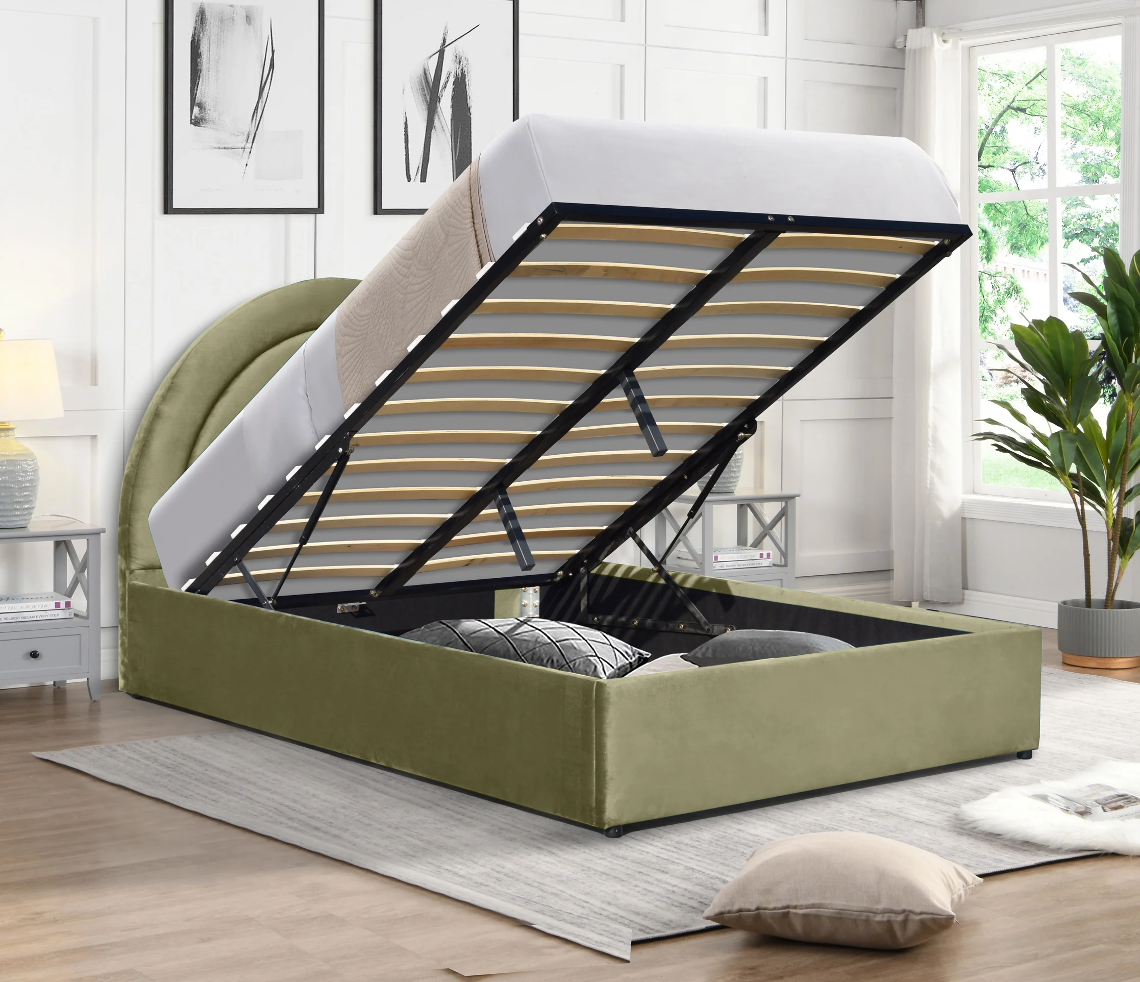 Emma Ottoman Storage Bed - Moss Green Plush Velvet - Size: 5ft King - Image 4