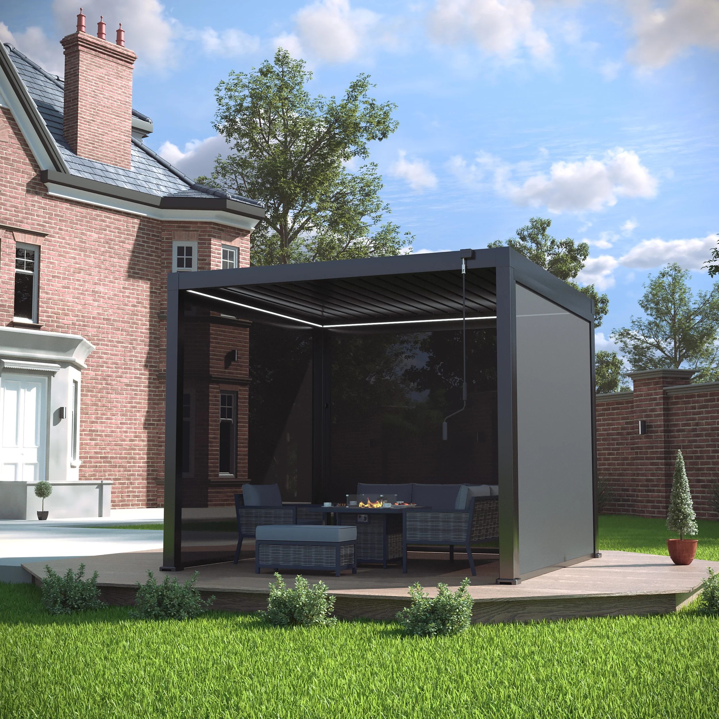 LuxShade™ 3×3m Aluminium Pergola with LEDs, Double-Layered Louvred Roof & 3 Blinds - Image 5