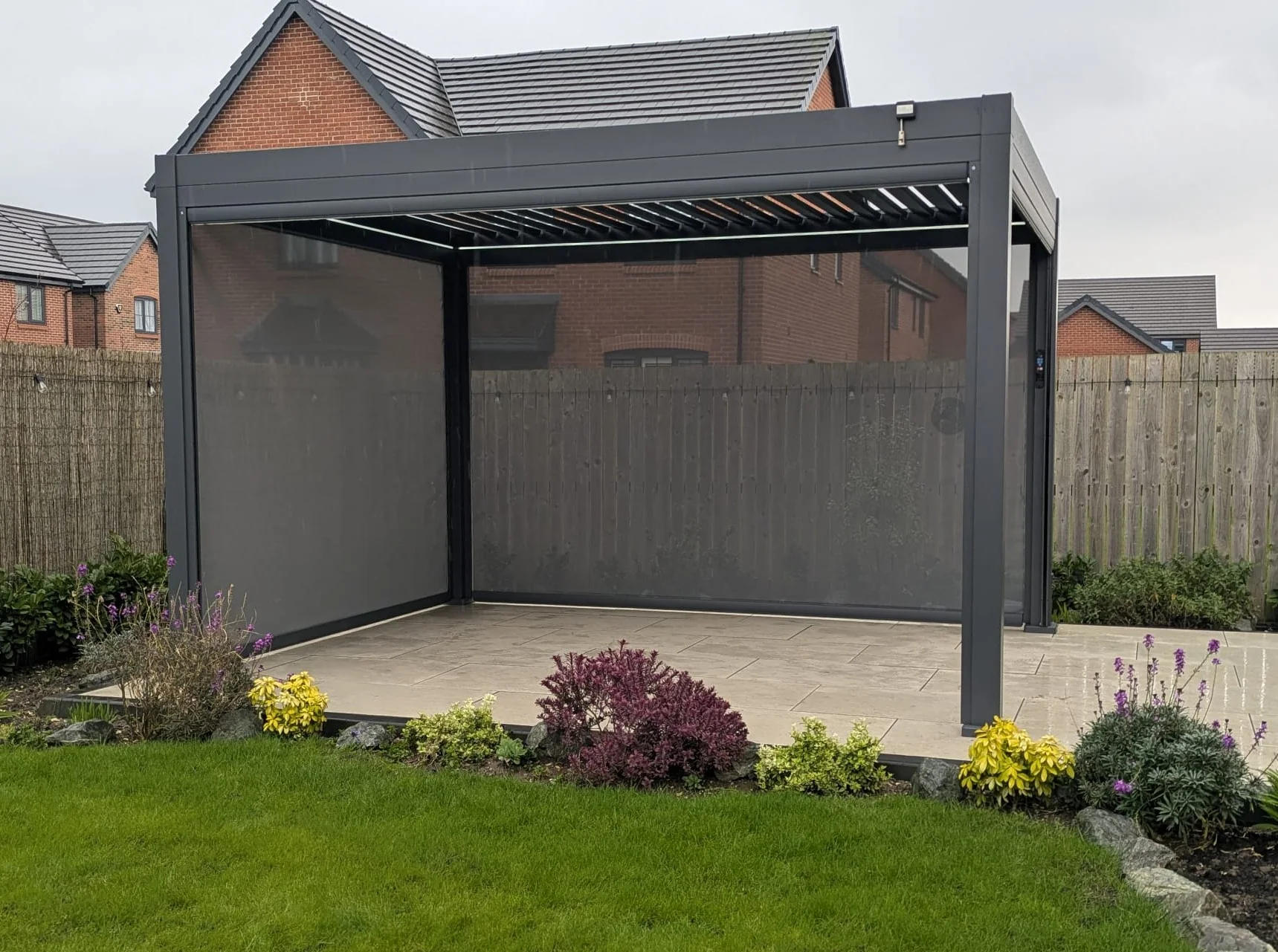 LuxShade™ 3×4m Aluminium Pergola with LEDs, Double-Layered Louvred Roof & 3 Blinds - Image 3