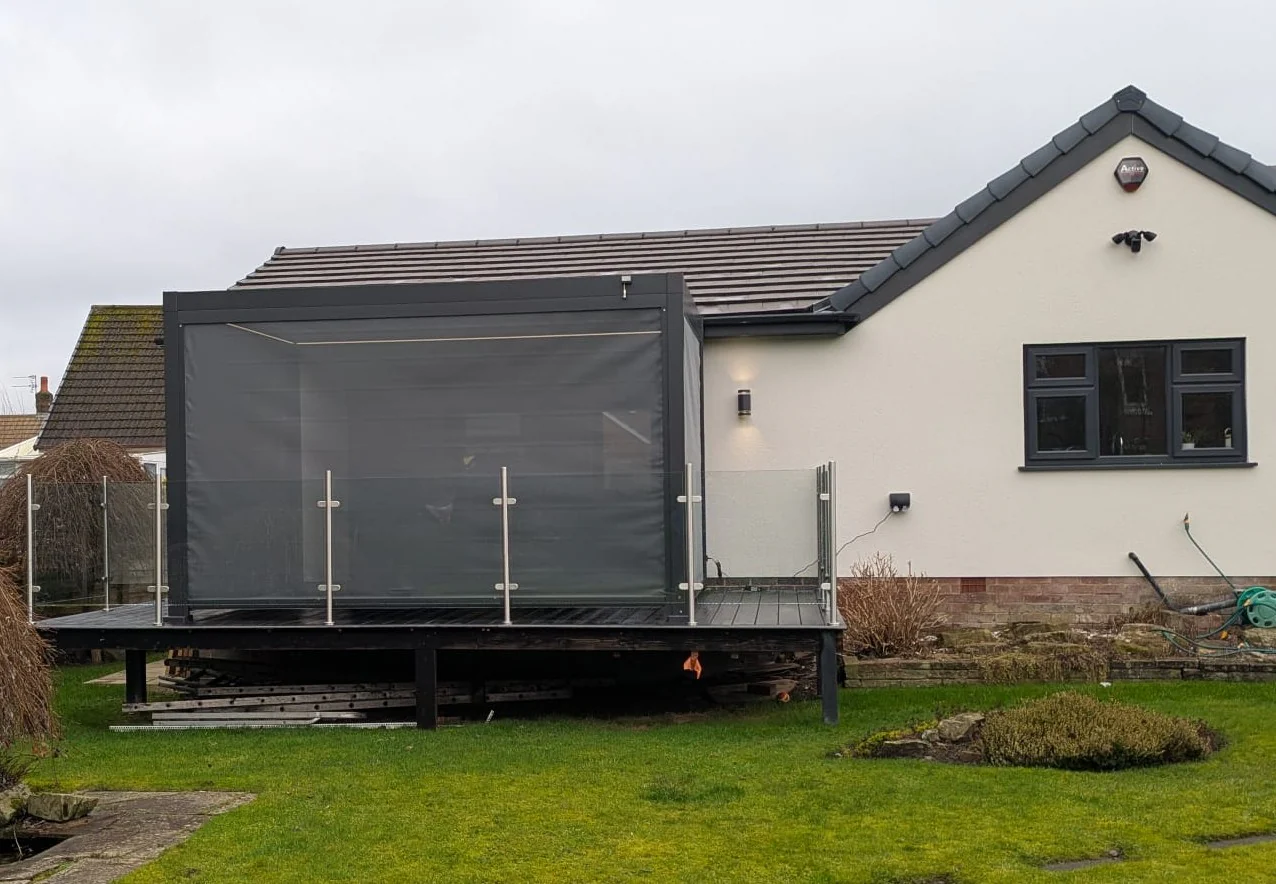 LuxShade™ 3×4m Aluminium Pergola with LEDs, Double-Layered Louvred Roof & 3 Blinds - Image 4