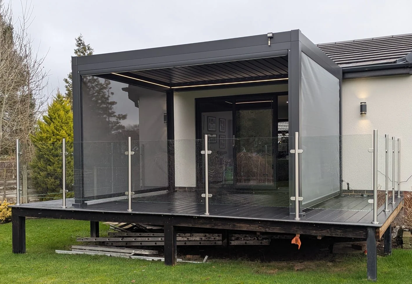 LuxShade™ 3×4m Aluminium Pergola with LEDs, Double-Layered Louvred Roof & 3 Blinds - Image 5
