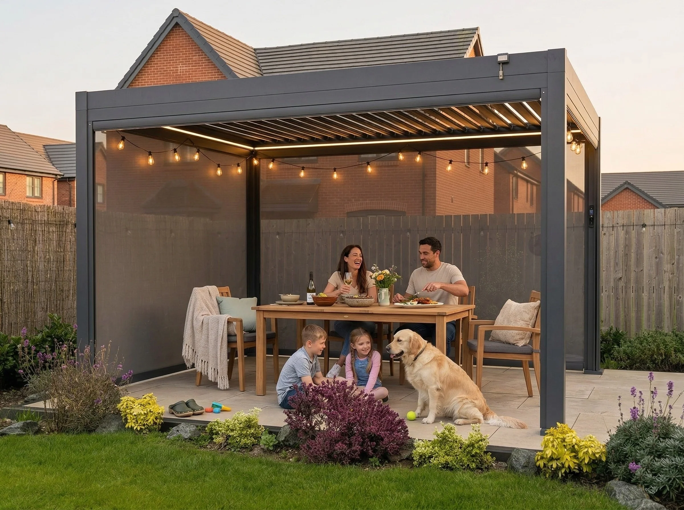 LuxShade™ 3×4m Aluminium Pergola with LEDs, Double-Layered Louvred Roof & 3 Blinds - Image 6