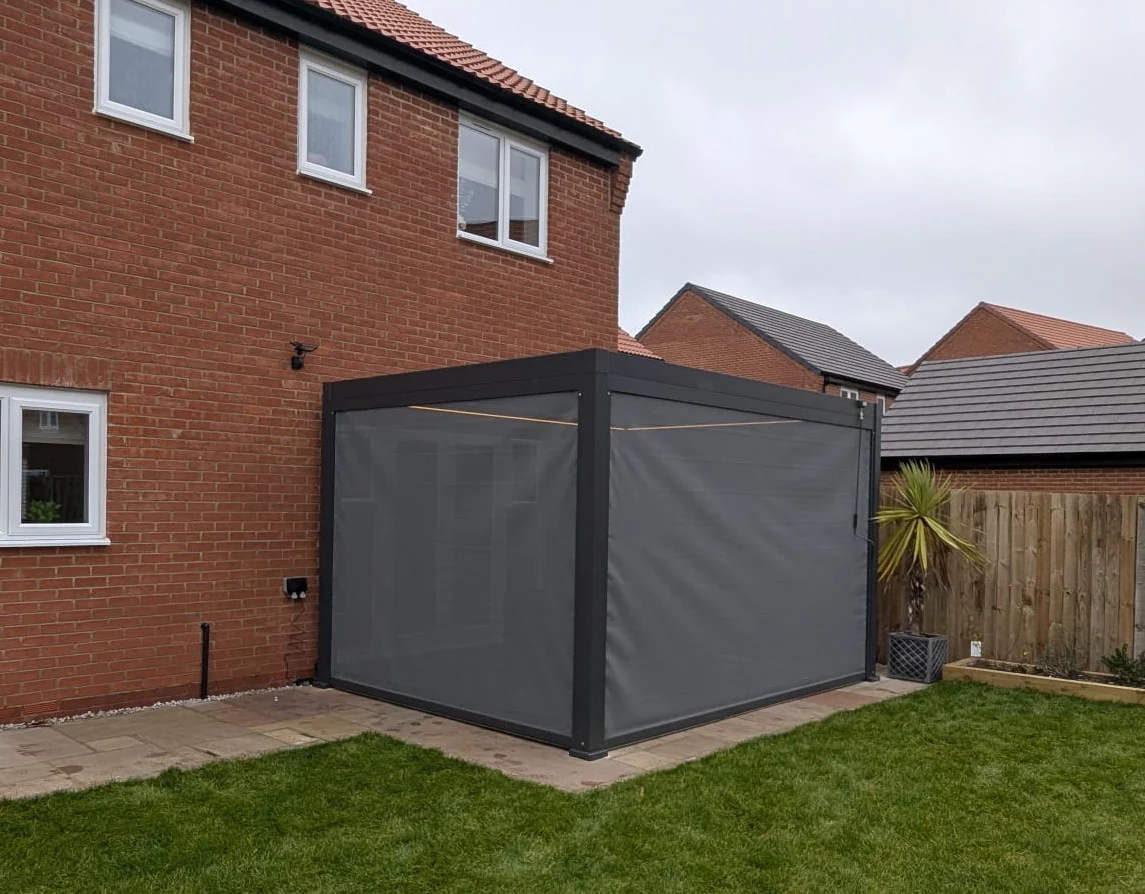 LuxShade™ 3×4m Aluminium Pergola with LEDs, Double-Layered Louvred Roof & 3 Blinds - Image 7