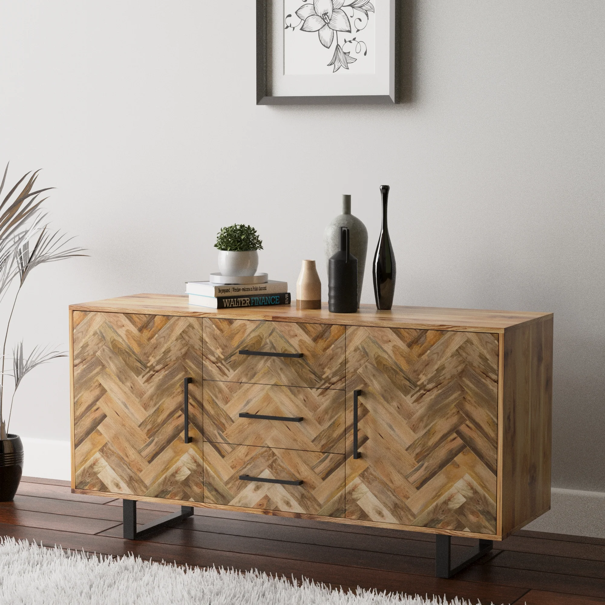 Herringbone 3 Drawer & 2 Door Solid Mango Wood Sideboard Cabinet - Image 10