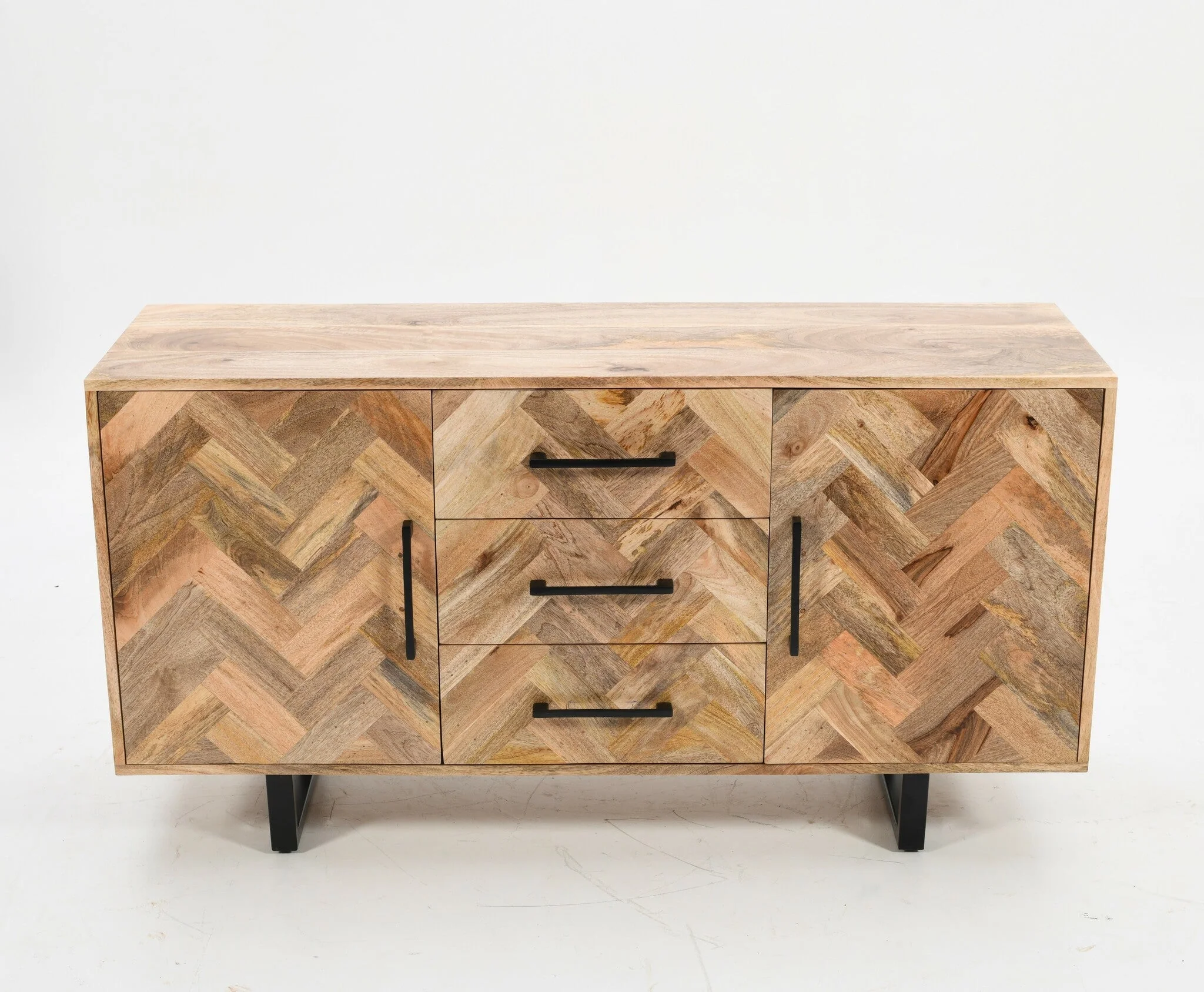 Herringbone 3 Drawer & 2 Door Solid Mango Wood Sideboard Cabinet - Image 3