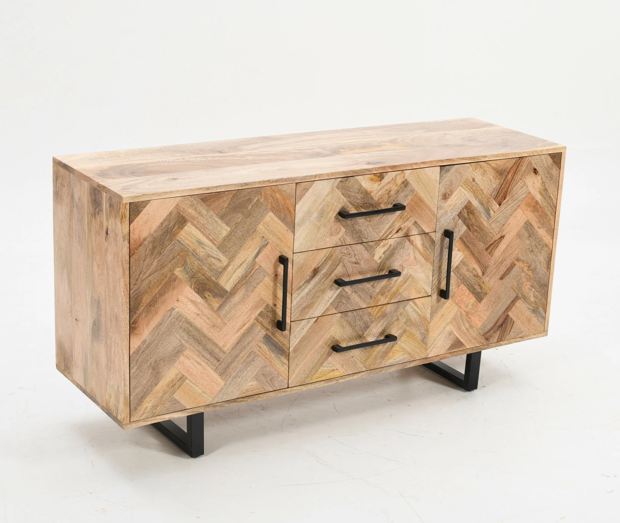 Herringbone 3 Drawer & 2 Door Solid Mango Wood Sideboard Cabinet - Image 4
