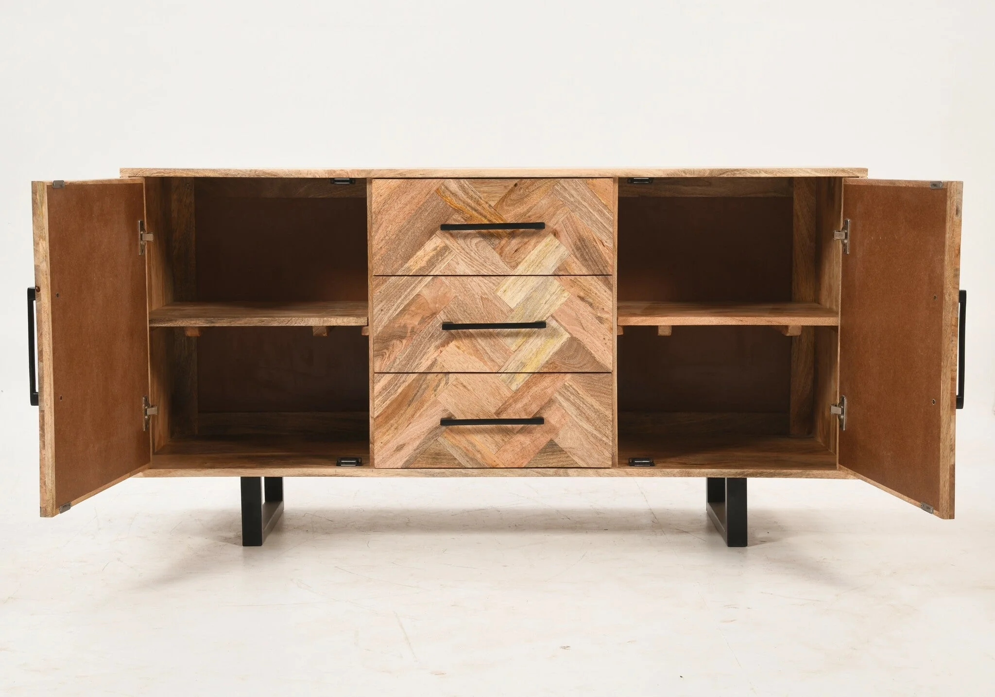 Herringbone 3 Drawer & 2 Door Solid Mango Wood Sideboard Cabinet - Image 5