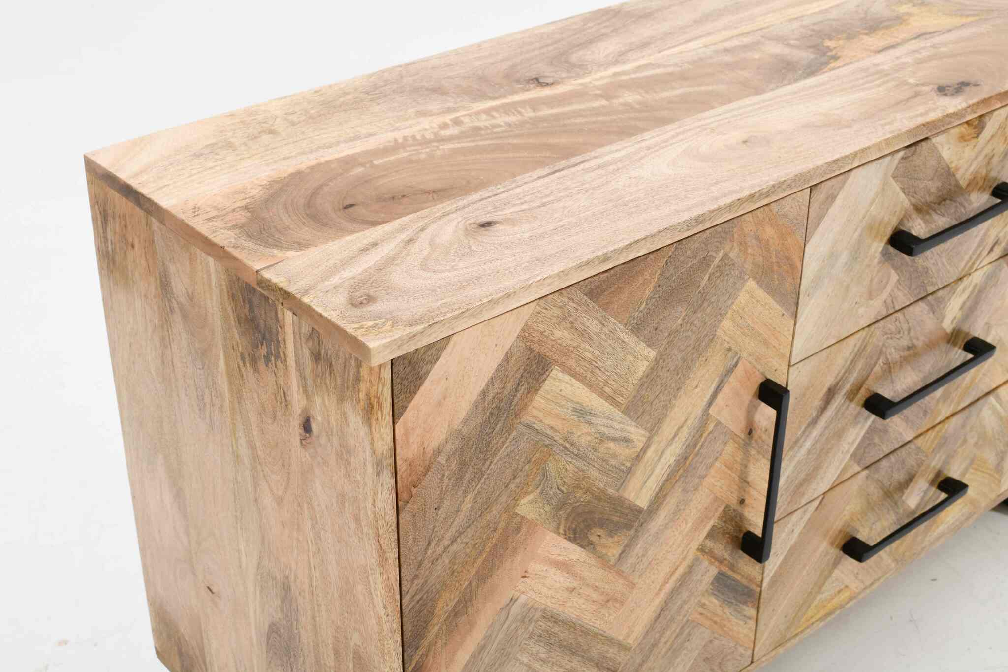 Herringbone 3 Drawer & 2 Door Solid Mango Wood Sideboard Cabinet - Image 6