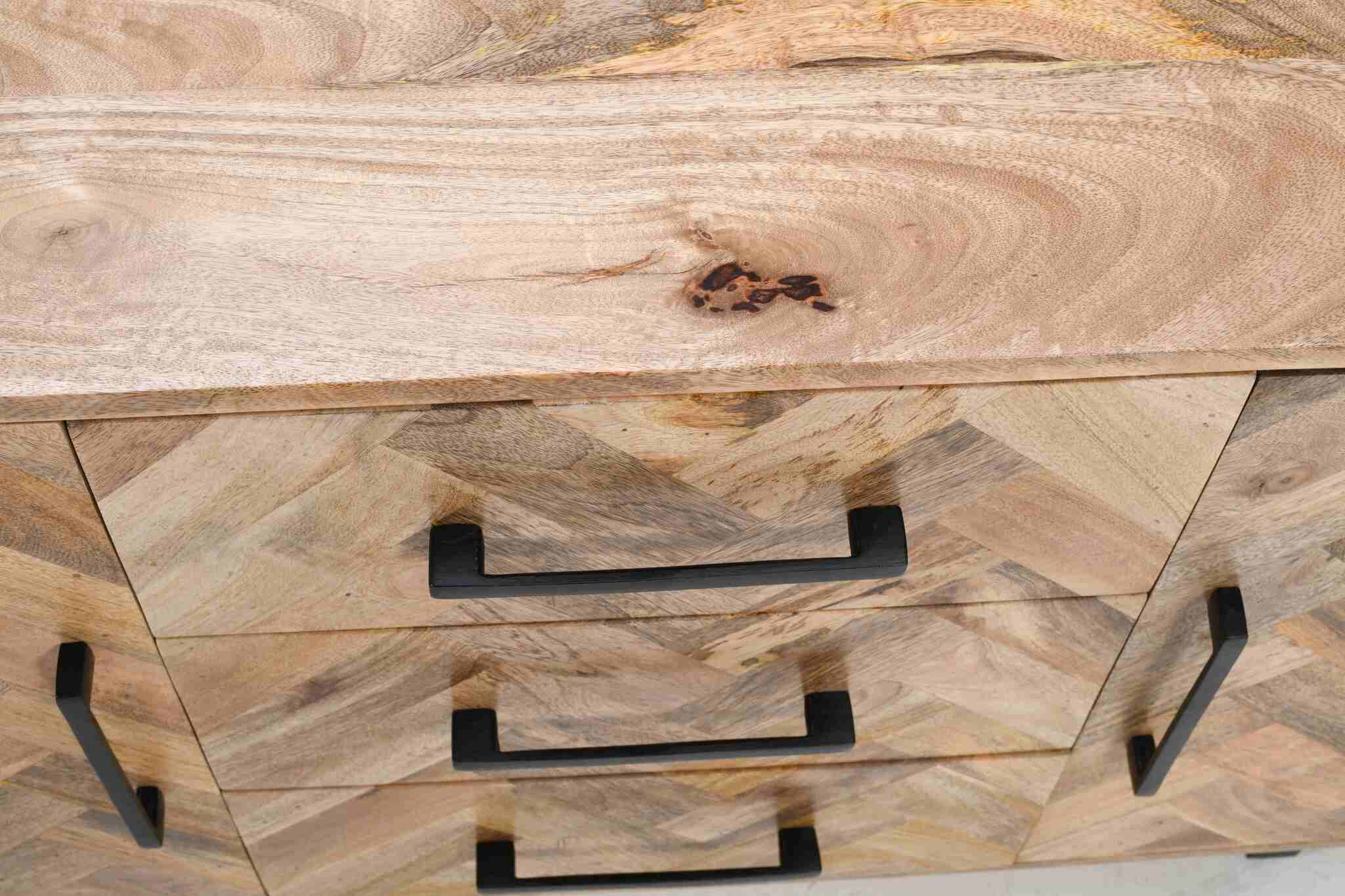 Herringbone 3 Drawer & 2 Door Solid Mango Wood Sideboard Cabinet - Image 7