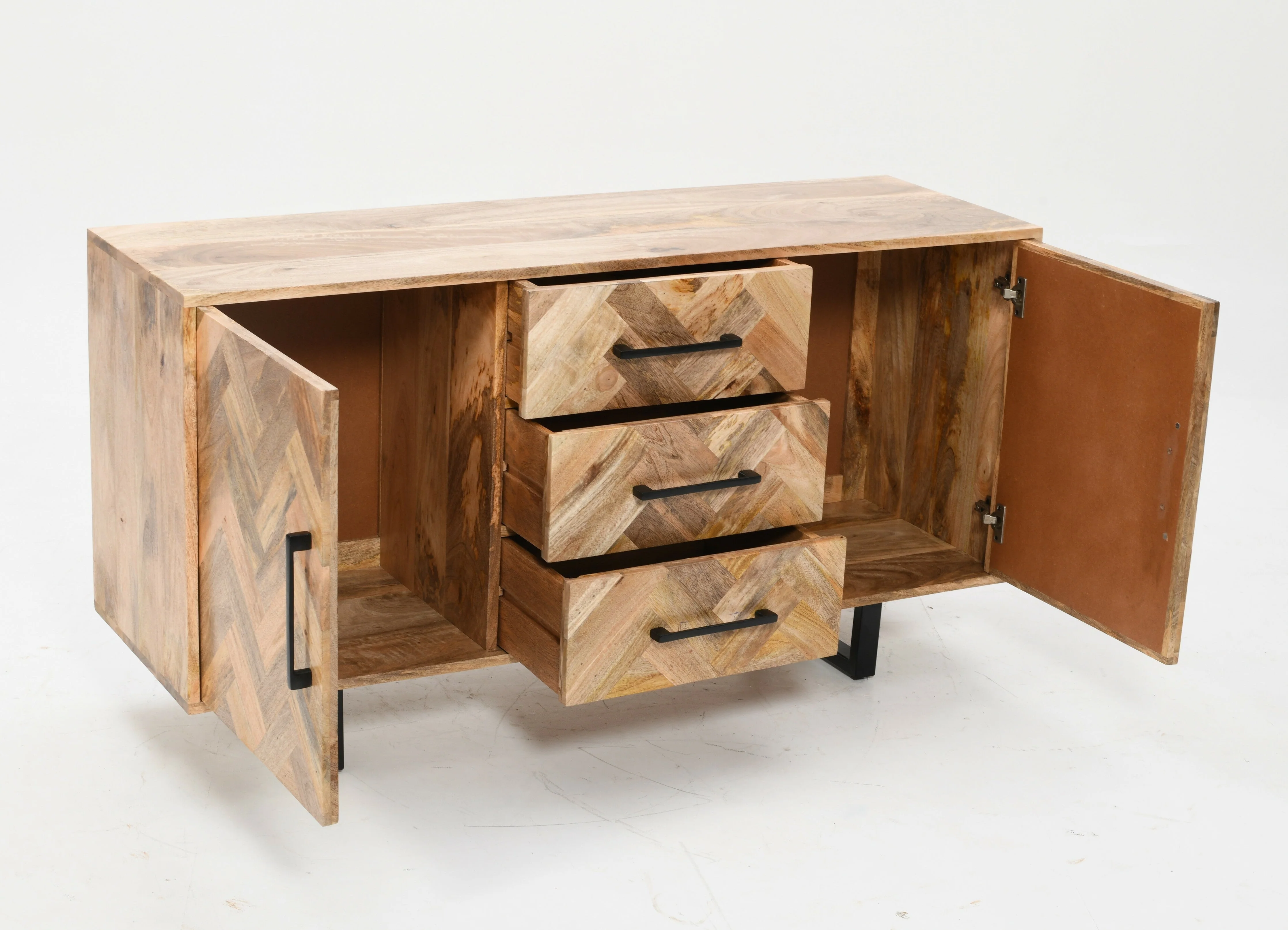 Herringbone 3 Drawer & 2 Door Solid Mango Wood Sideboard Cabinet - Image 8