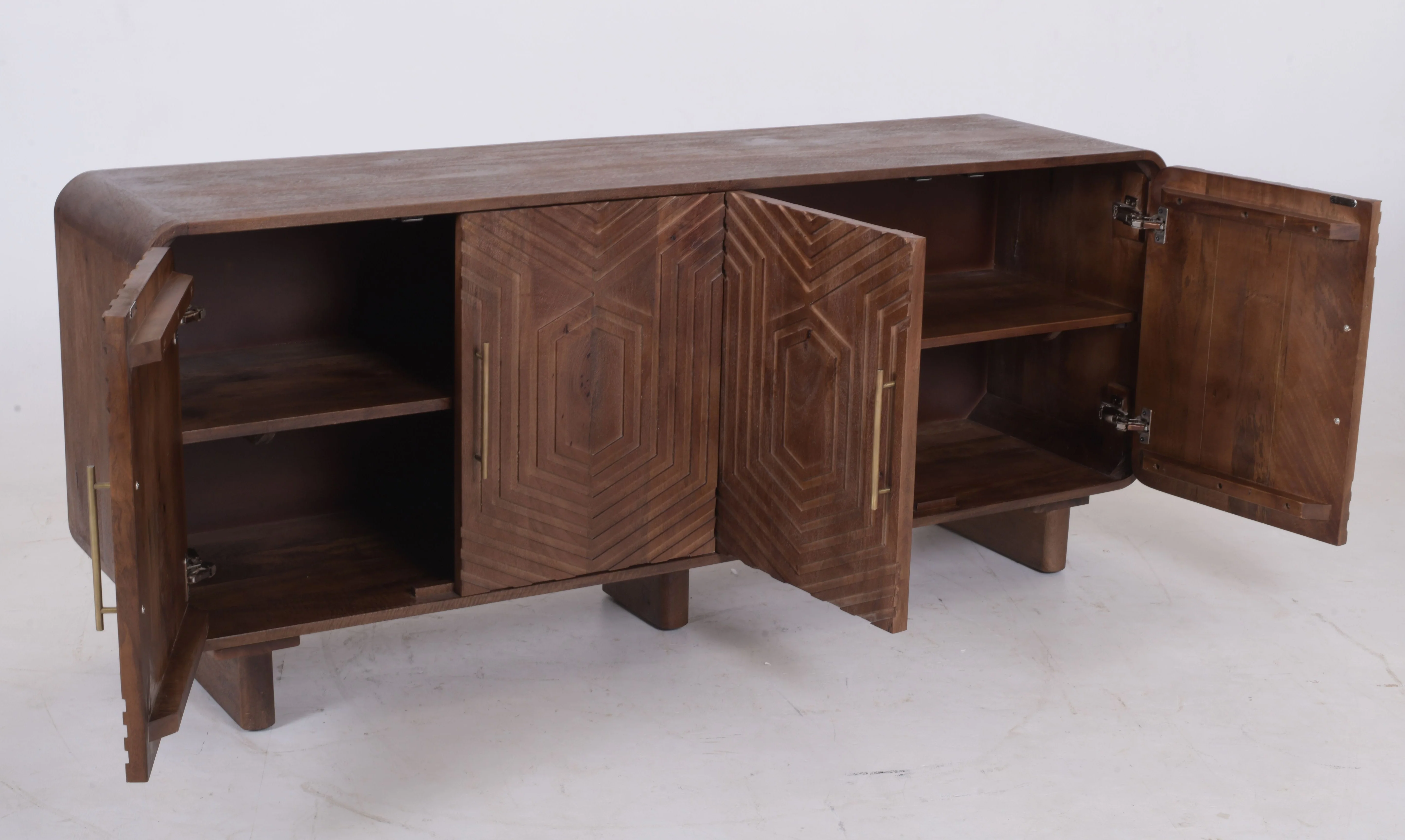 Hexa 4-Door Mango Wood Sideboard – Hand-Carved Geo Design, Brass Handles (180 cm) - Image 4