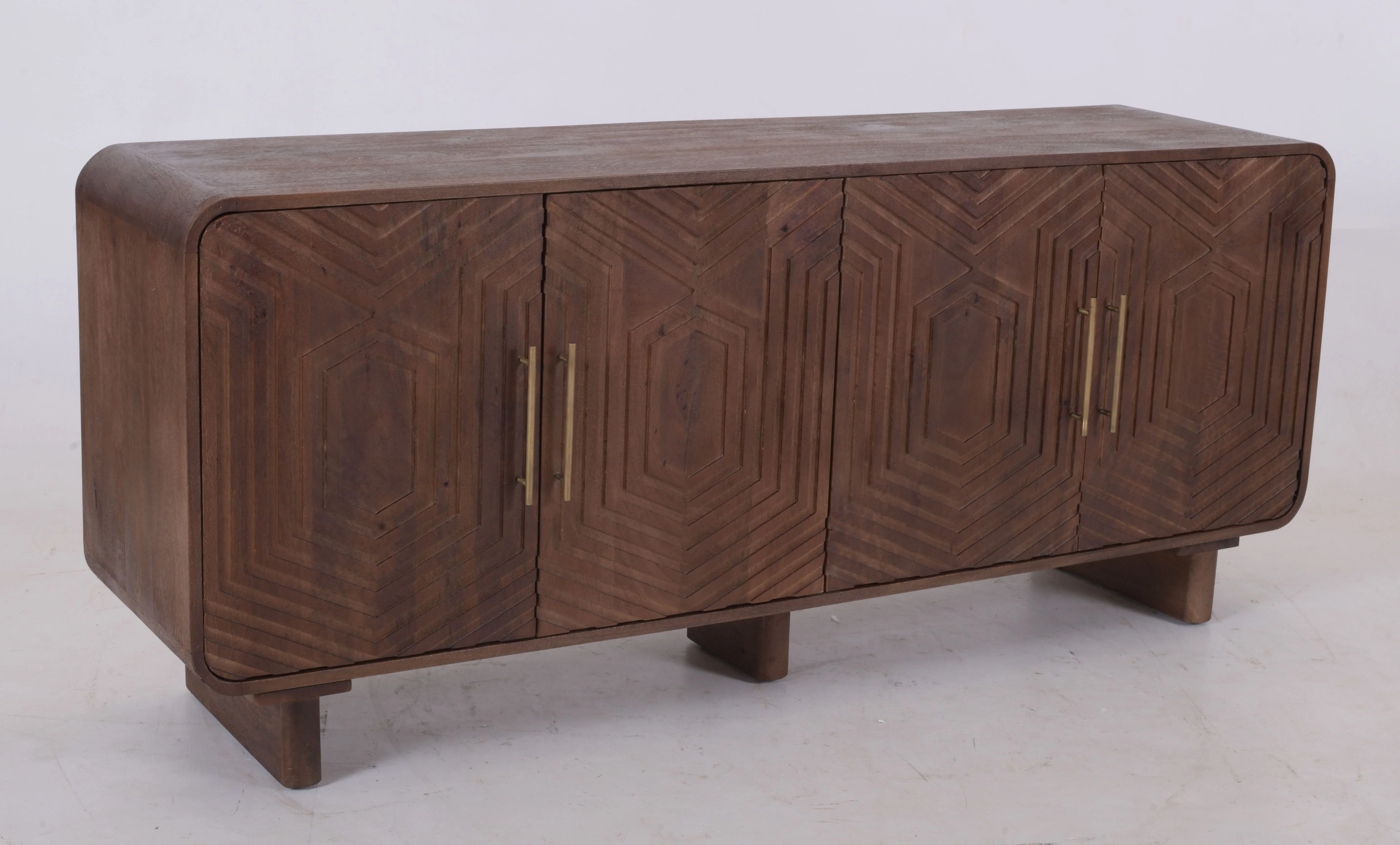 Hexa 4-Door Mango Wood Sideboard – Hand-Carved Geo Design, Brass Handles (180 cm) - Image 5