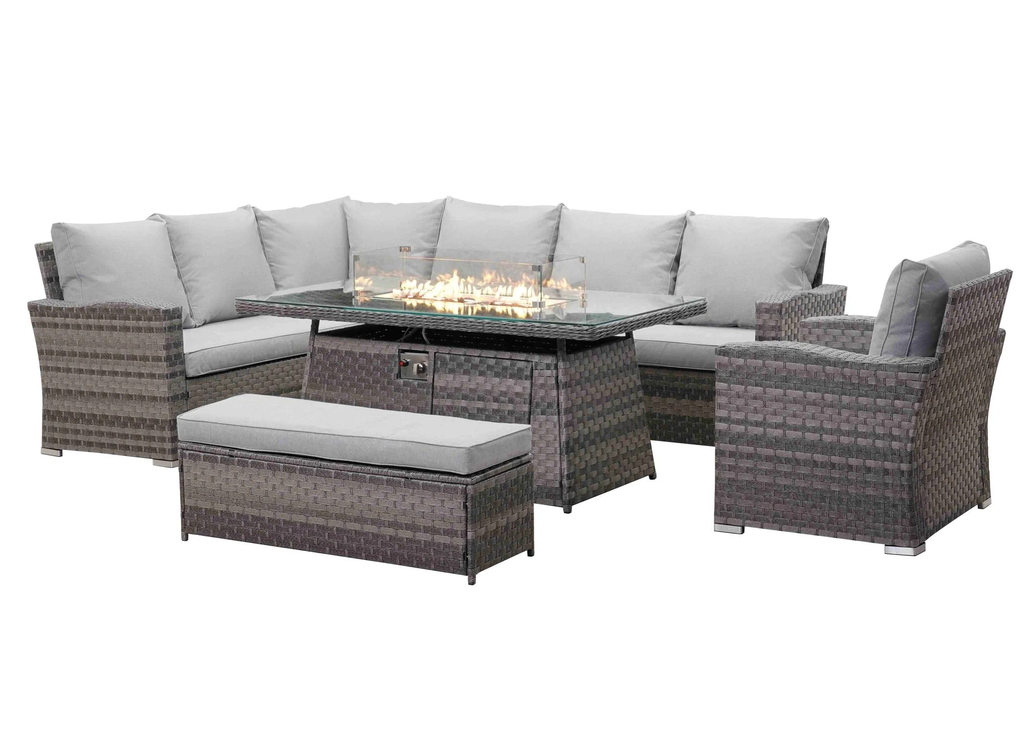 Icon Luxury Rattan Left Hand Corner Sofa Chair Bench and Fire Pit Table - Light Grey - Image 4
