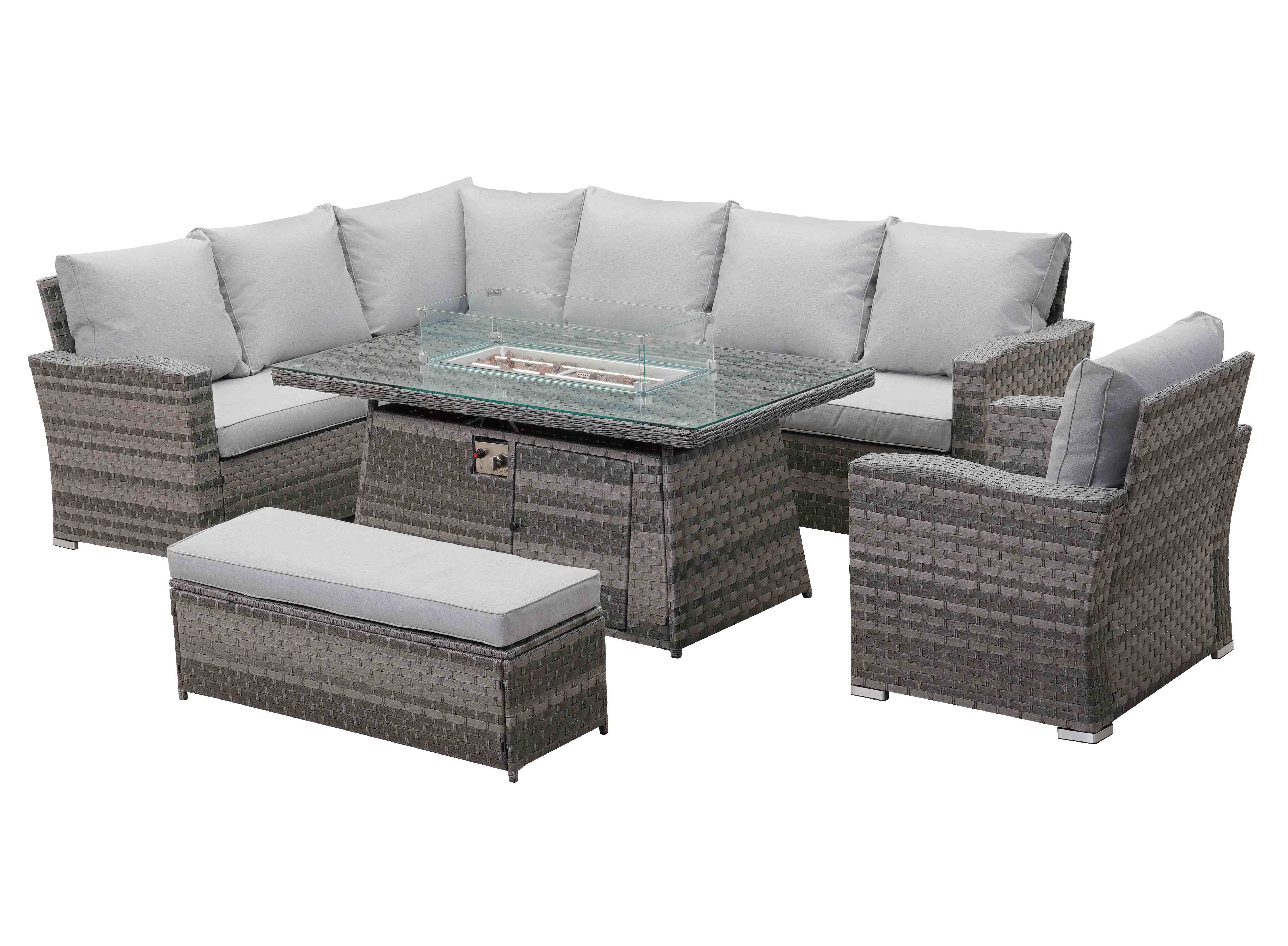 Icon Luxury Rattan Left Hand Corner Sofa Chair Bench and Fire Pit Table - Light Grey - Image 5