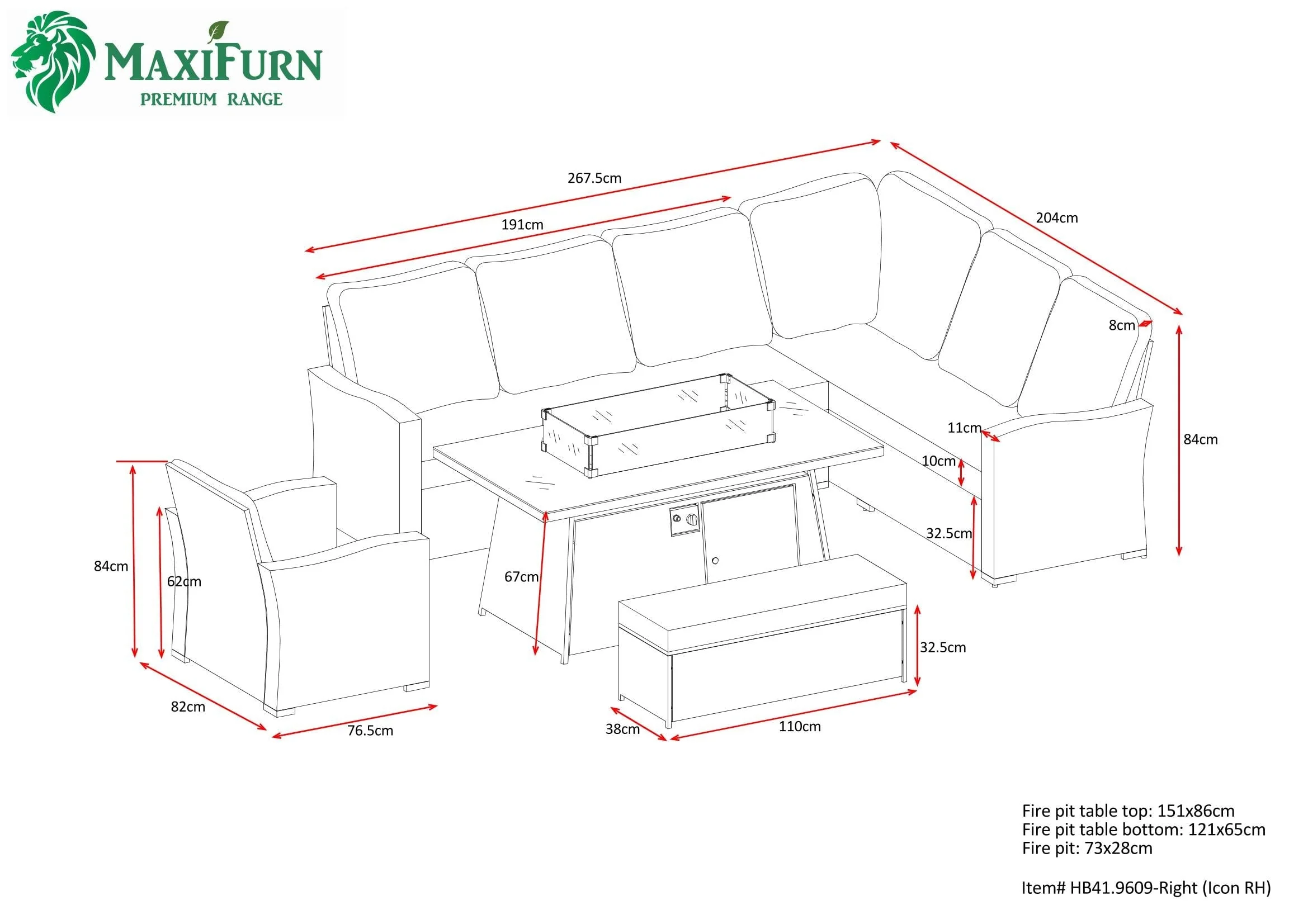 Icon Luxury Rattan Right Hand Corner Sofa Chair Bench and Fire Pit Table - Dark Grey - Image 14
