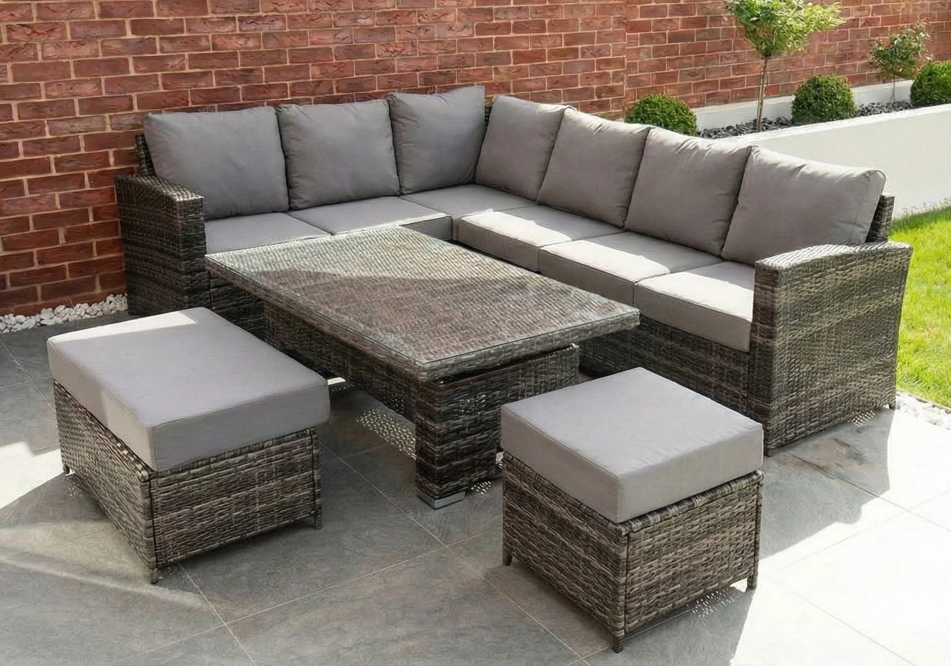 Kos Rattan Left Hand Corner Sofa, Rising Table, Stool & Bench - Mixed Grey / Light - Image 3