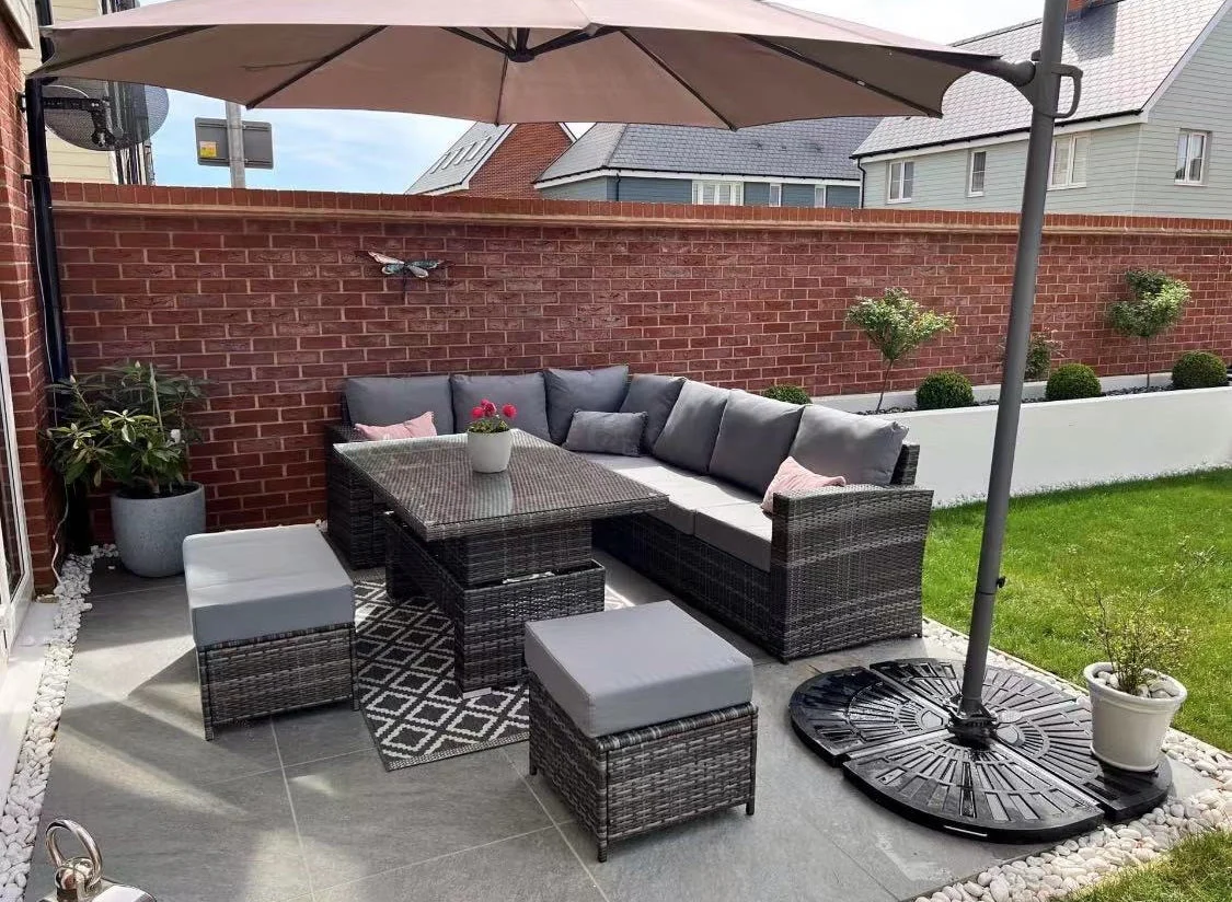 Kos Rattan Left Hand Corner Sofa, Rising Table, Stool & Bench - Mixed Grey / Light - Image 4