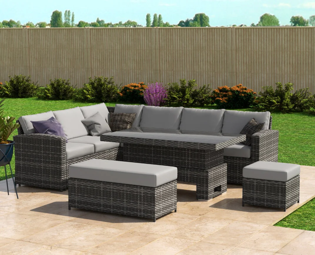 Kos Rattan Left Hand Corner Sofa, Rising Table, Stool & Bench - Mixed Grey / Light - Image 5