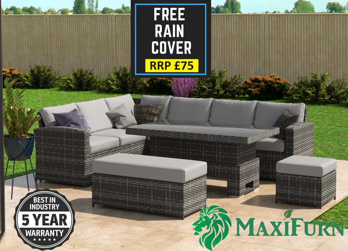 Kos Rattan Left Hand Corner Sofa, Rising Table, Stool & Bench - Mixed Grey / Light - Image 6