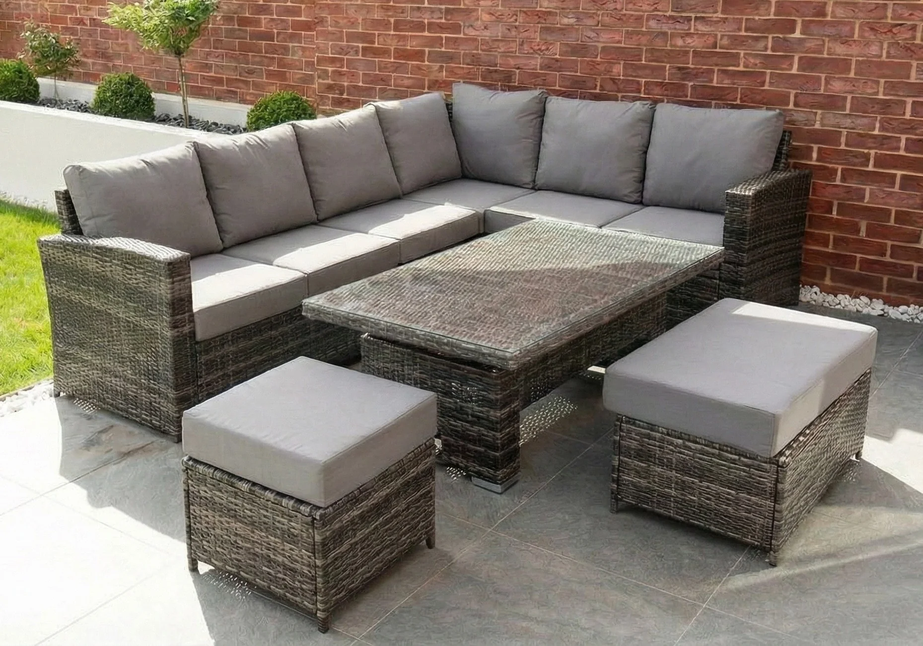Kos Rattan Right Hand Corner Sofa, Rising Table, Stool & Bench - Mixed Grey / Light - Image 3