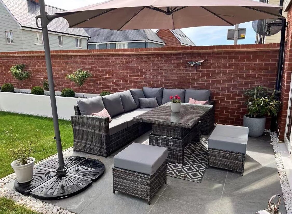 Kos Rattan Right Hand Corner Sofa, Rising Table, Stool & Bench - Mixed Grey / Light - Image 4