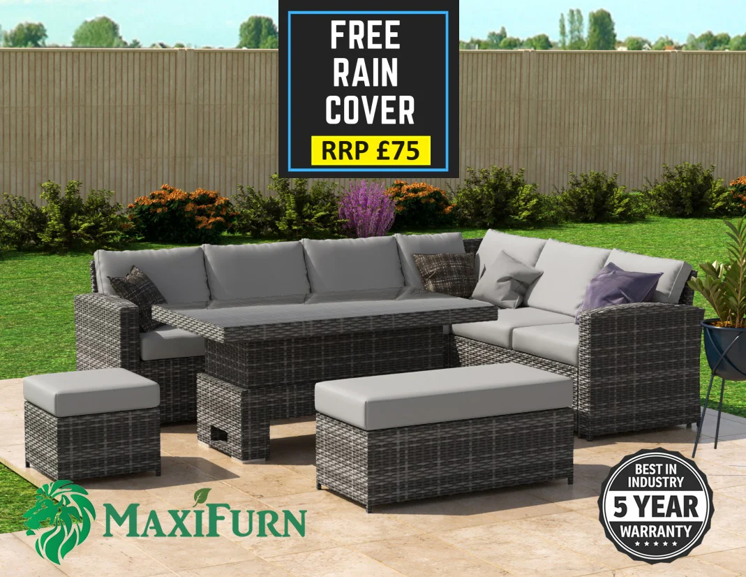 Kos Rattan Right Hand Corner Sofa, Rising Table, Stool & Bench - Mixed Grey / Light - Image 5