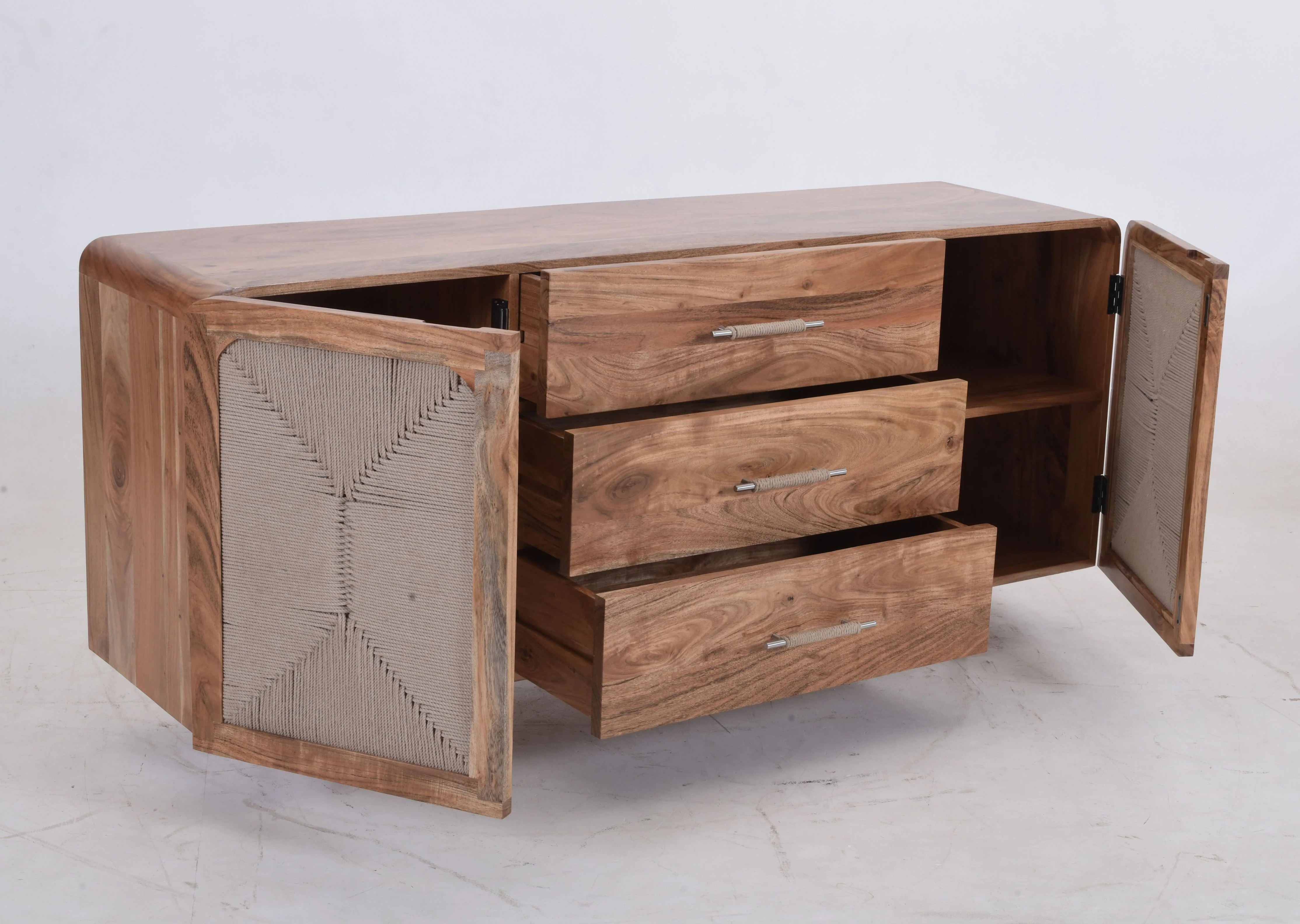 Kota 3 Drawer 2 Door Sideboard - Acacia Wood & Handwoven Cord - Image 4